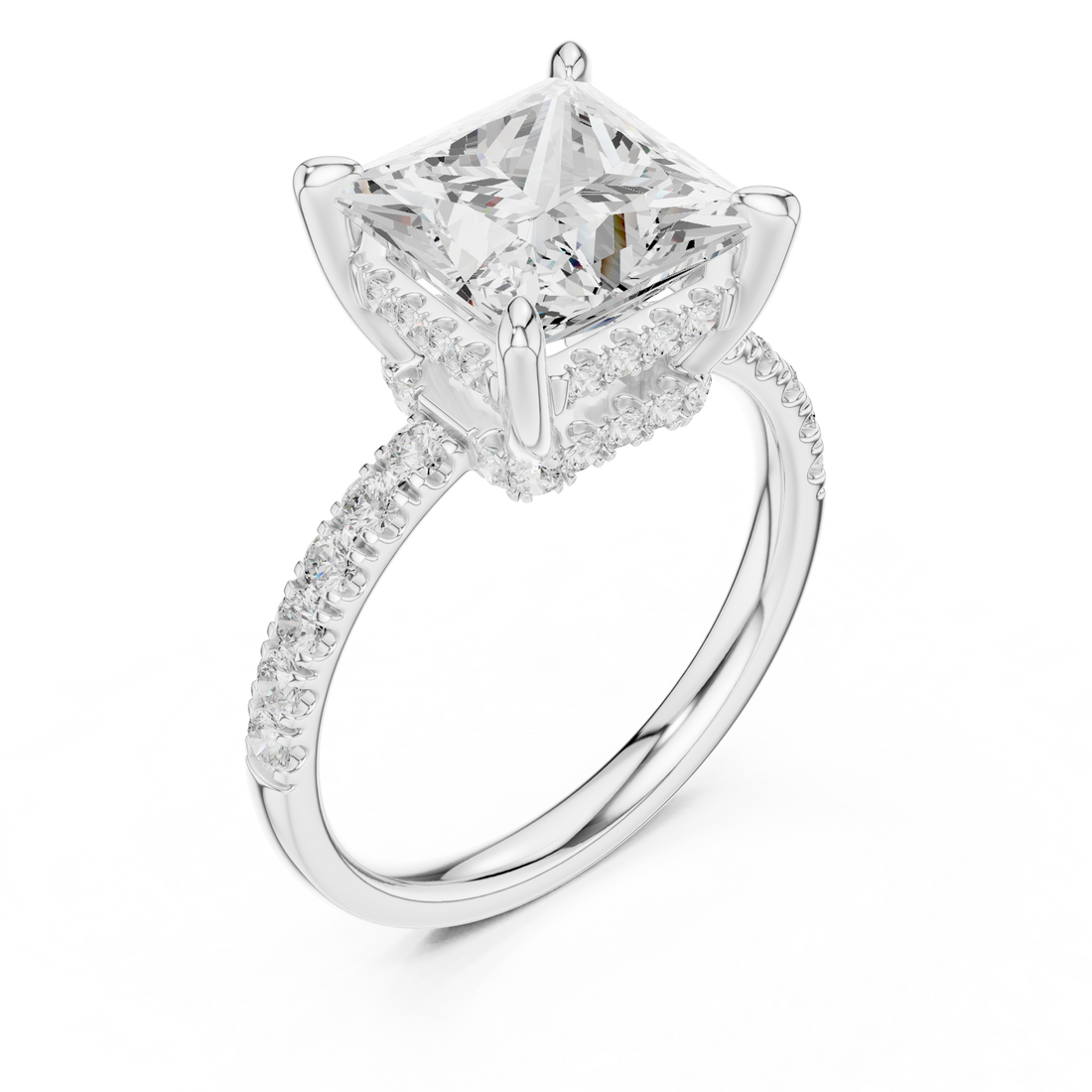 Princess Cut Solitaire Engagement Ring with Double Hidden Halo and Pavé Diamond Band