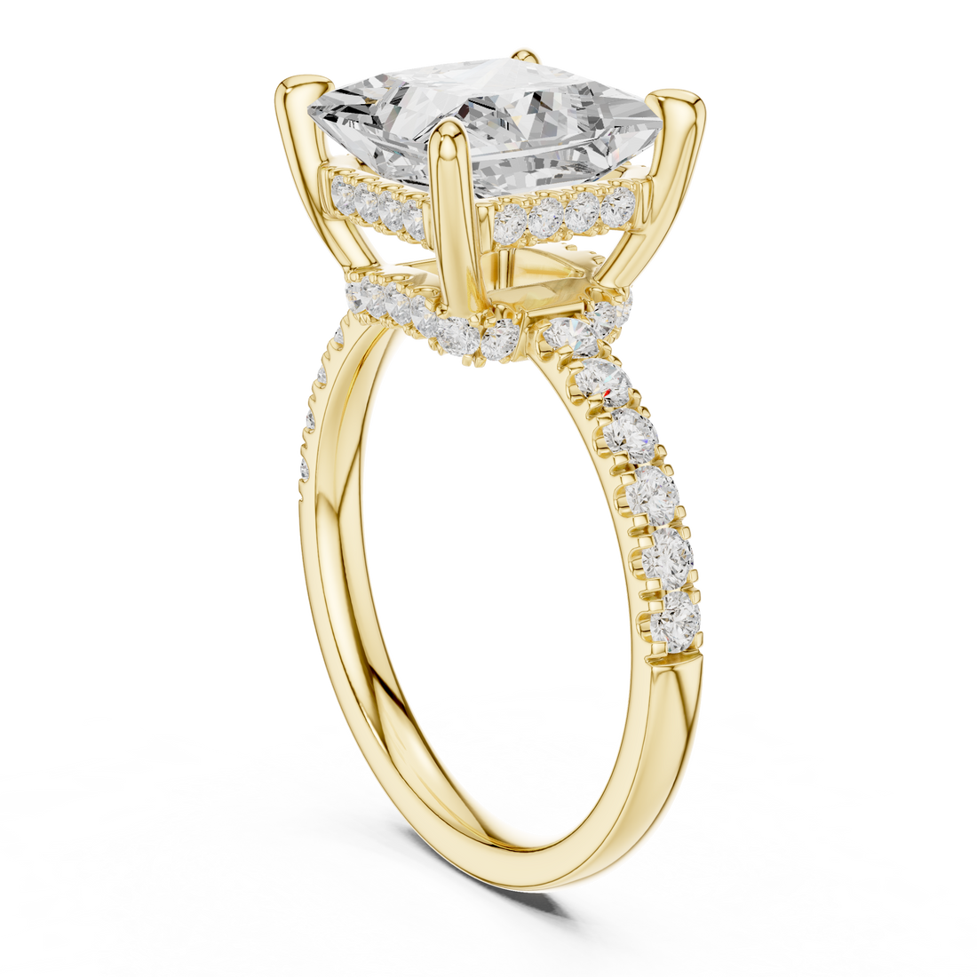 Princess Cut Solitaire Engagement Ring with Double Hidden Halo and Pavé Diamond Band