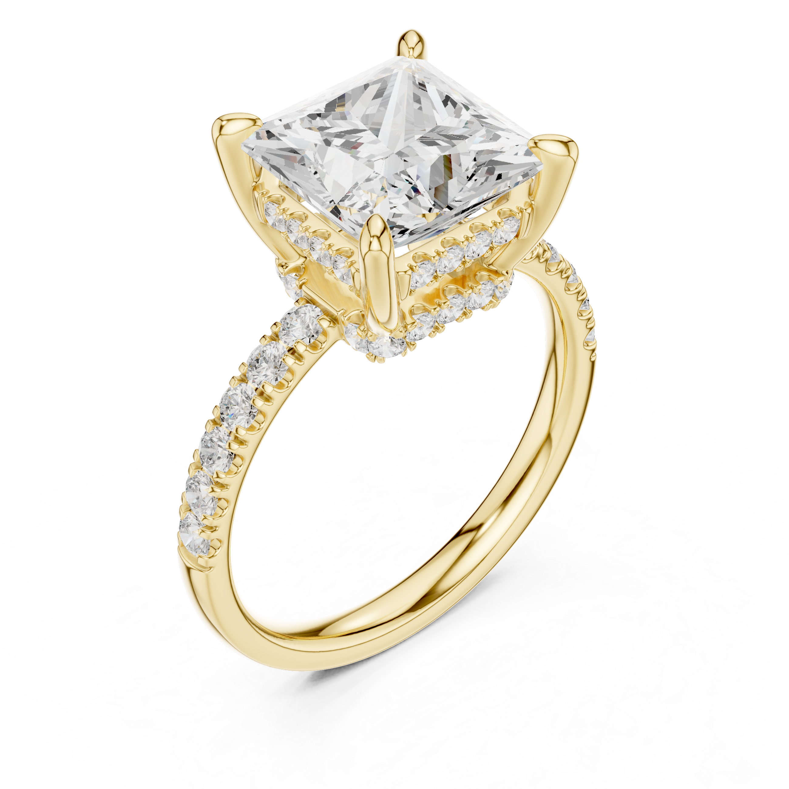 Princess Cut Solitaire Engagement Ring with Double Hidden Halo and Pavé Diamond Band