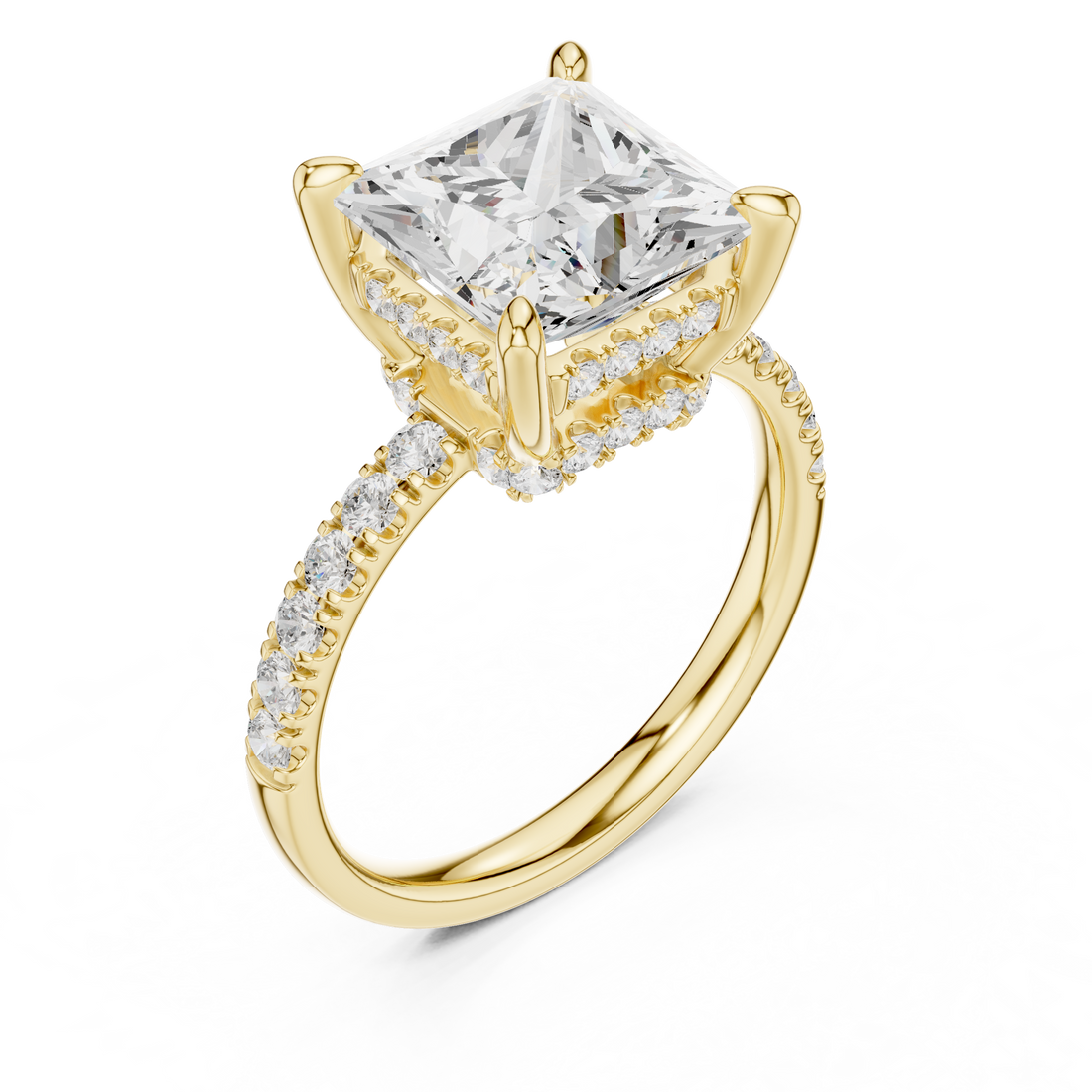 Princess Cut Solitaire Engagement Ring with Double Hidden Halo and Pavé Diamond Band