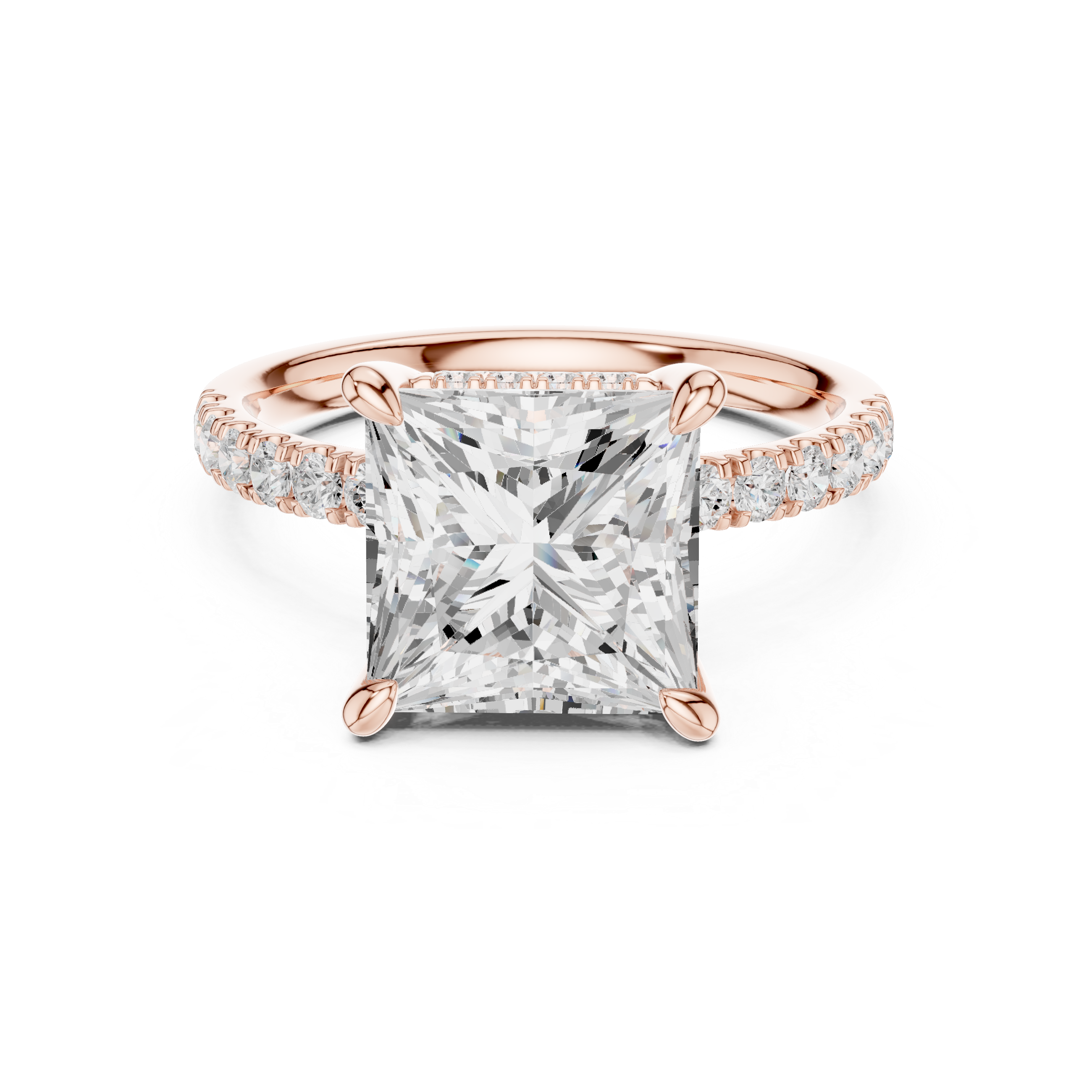 Princess Cut Solitaire Engagement Ring with Double Hidden Halo and Pavé Diamond Band