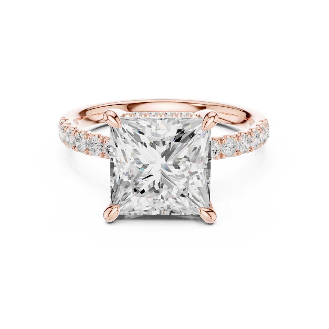 Princess Cut Solitaire Engagement Ring with Double Hidden Halo and Pavé Diamond Band