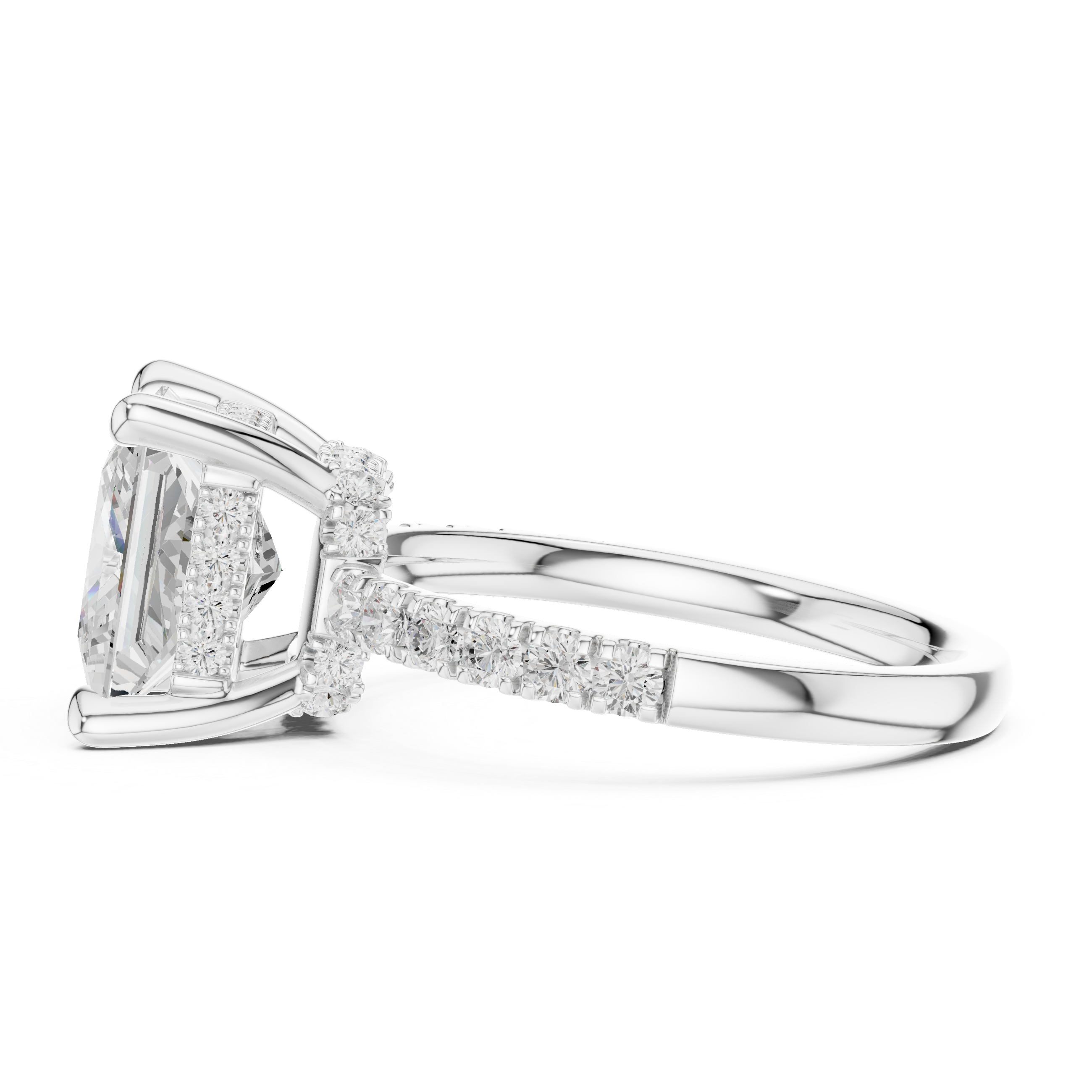Princess Cut Solitaire Engagement Ring with Double Hidden Halo and Pavé Diamond Band