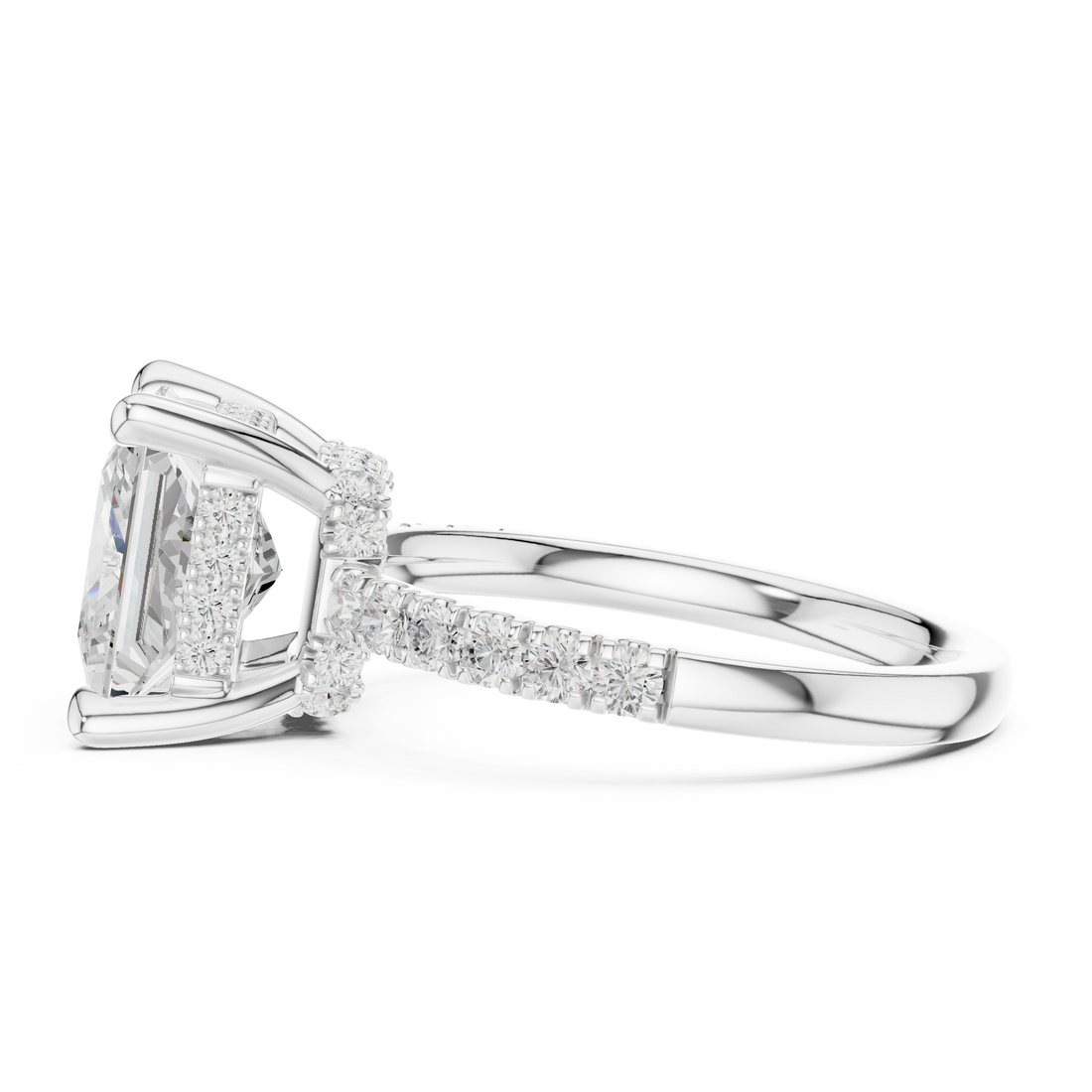 Princess Cut Solitaire Engagement Ring with Double Hidden Halo and Pavé Diamond Band