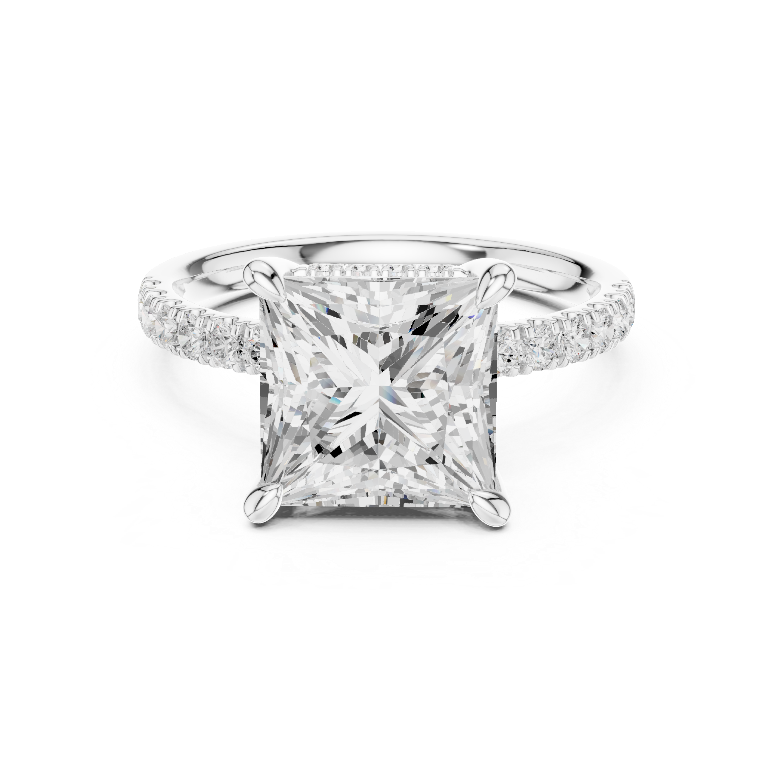 Princess Cut Solitaire Engagement Ring with Double Hidden Halo and Pavé Diamond Band