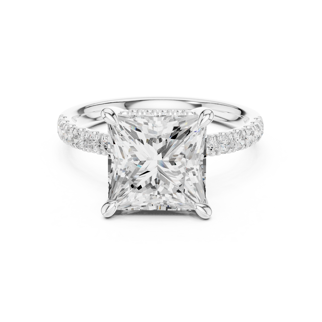 Princess Cut Solitaire Engagement Ring with Double Hidden Halo and Pavé Diamond Band