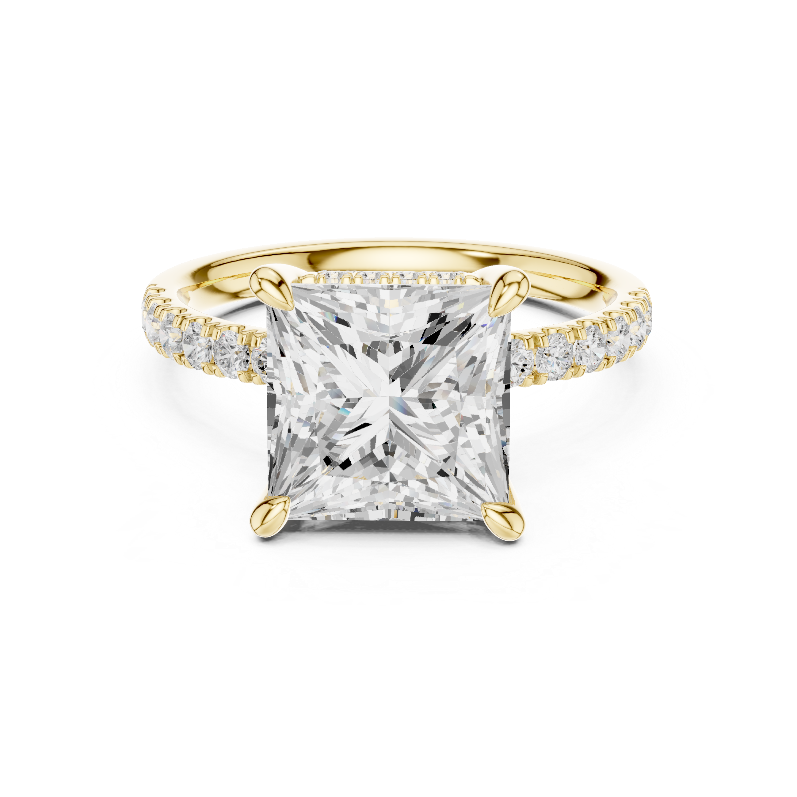 Princess Cut Solitaire Engagement Ring with Double Hidden Halo and Pavé Diamond Band