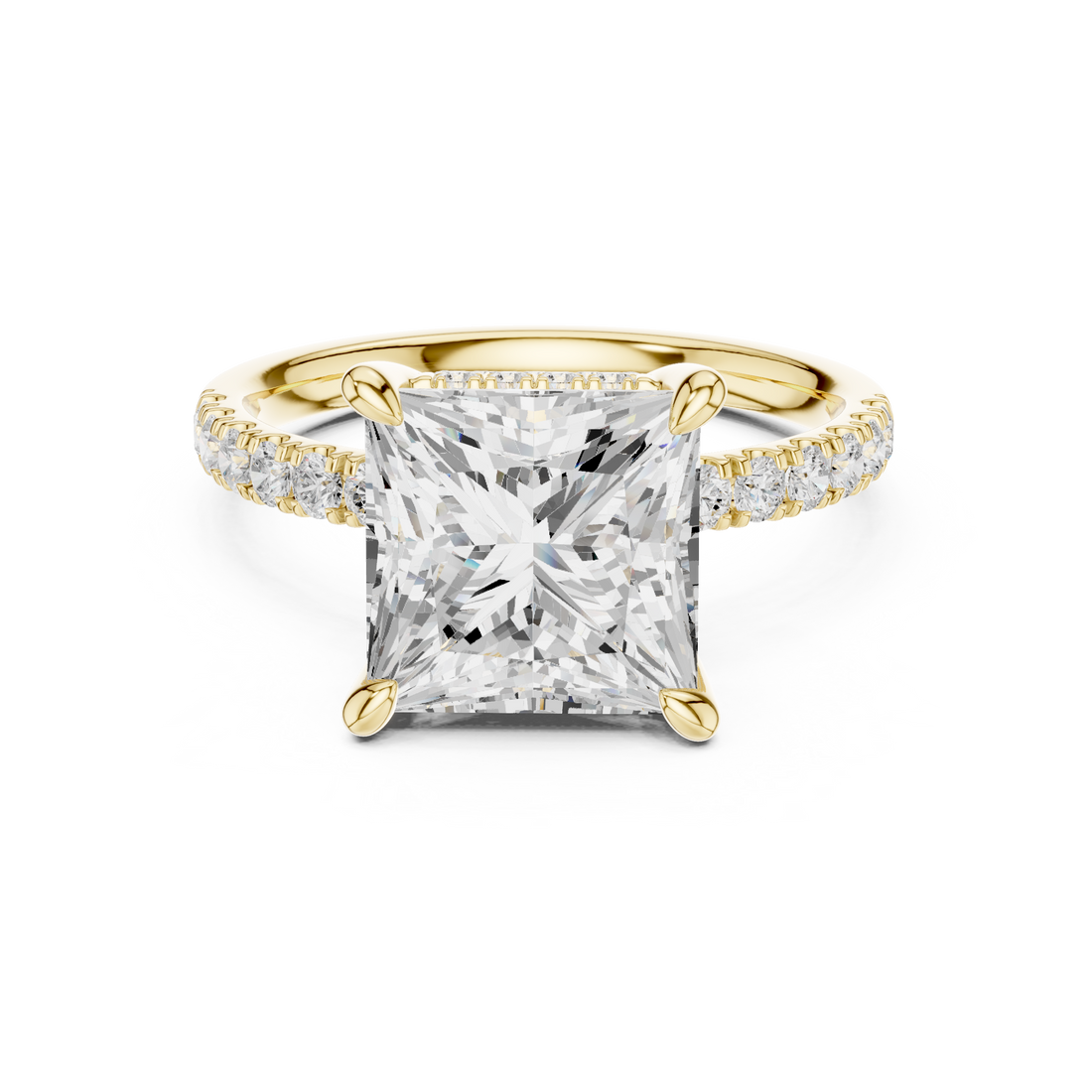 Princess Cut Solitaire Engagement Ring with Double Hidden Halo and Pavé Diamond Band