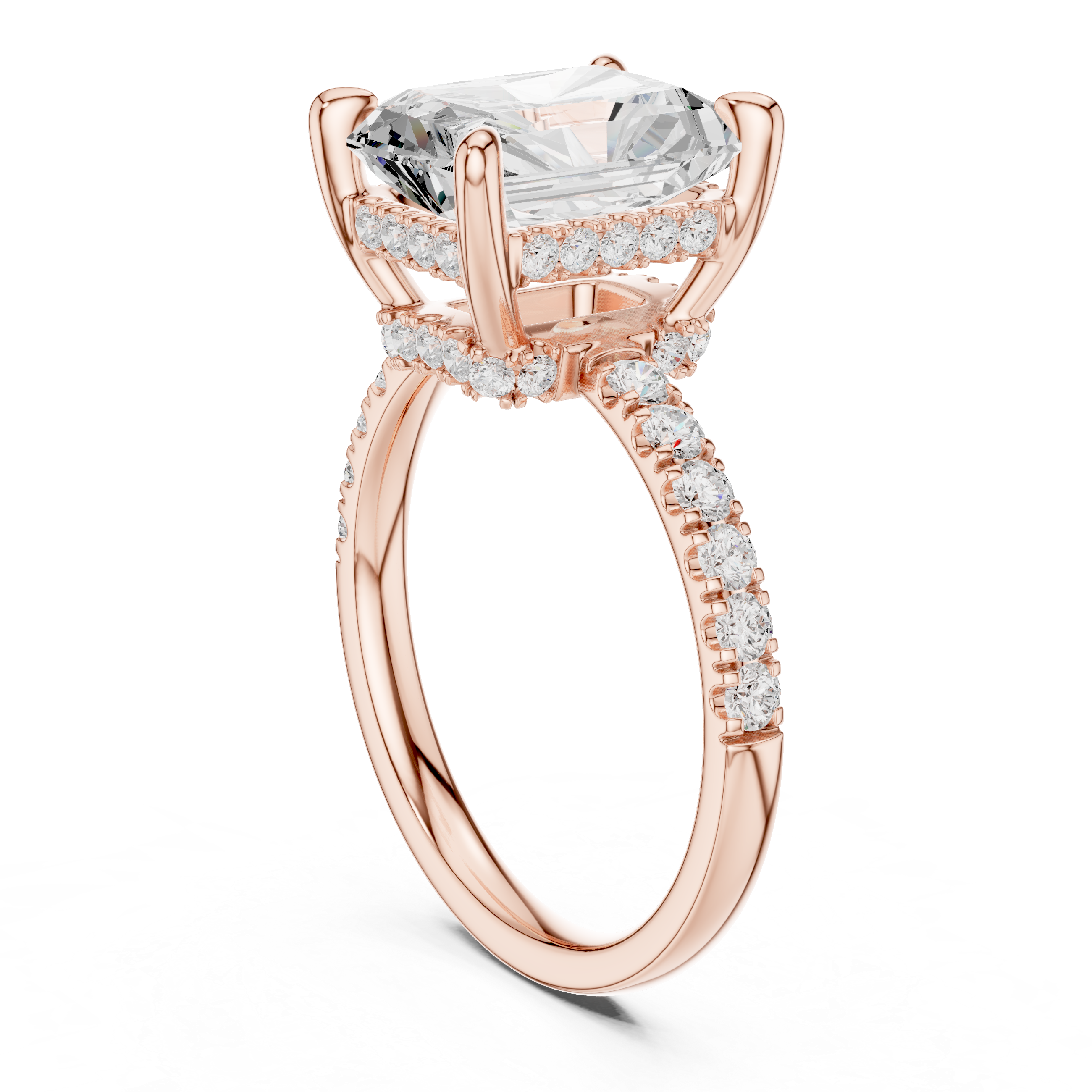 Radiant Cut Solitaire Engagement Ring with Double Hidden Halo and Pavé Diamond Band