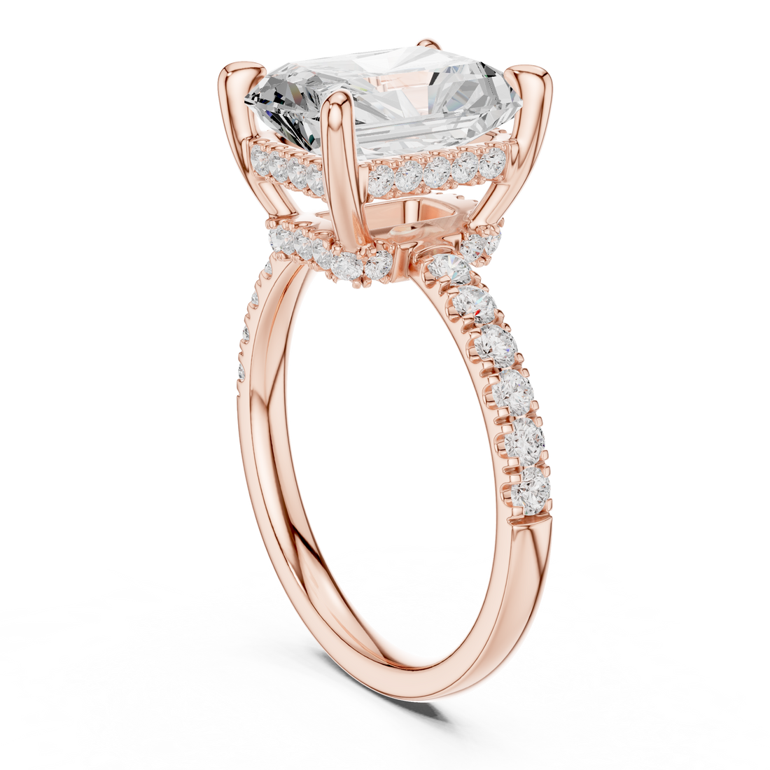Radiant Cut Solitaire Engagement Ring with Double Hidden Halo and Pavé Diamond Band