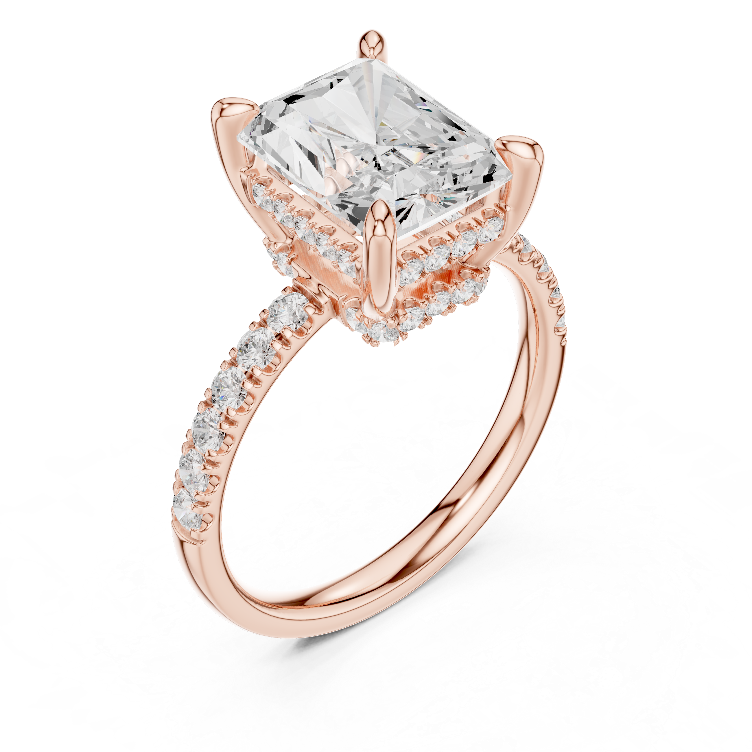 Radiant Cut Solitaire Engagement Ring with Double Hidden Halo and Pavé Diamond Band
