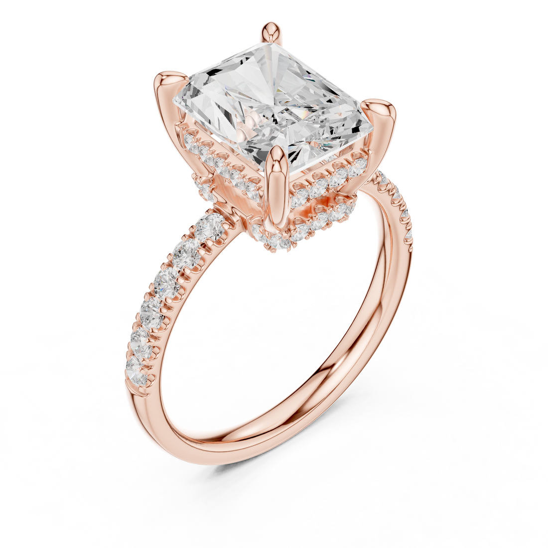 Radiant Cut Solitaire Engagement Ring with Double Hidden Halo and Pavé Diamond Band