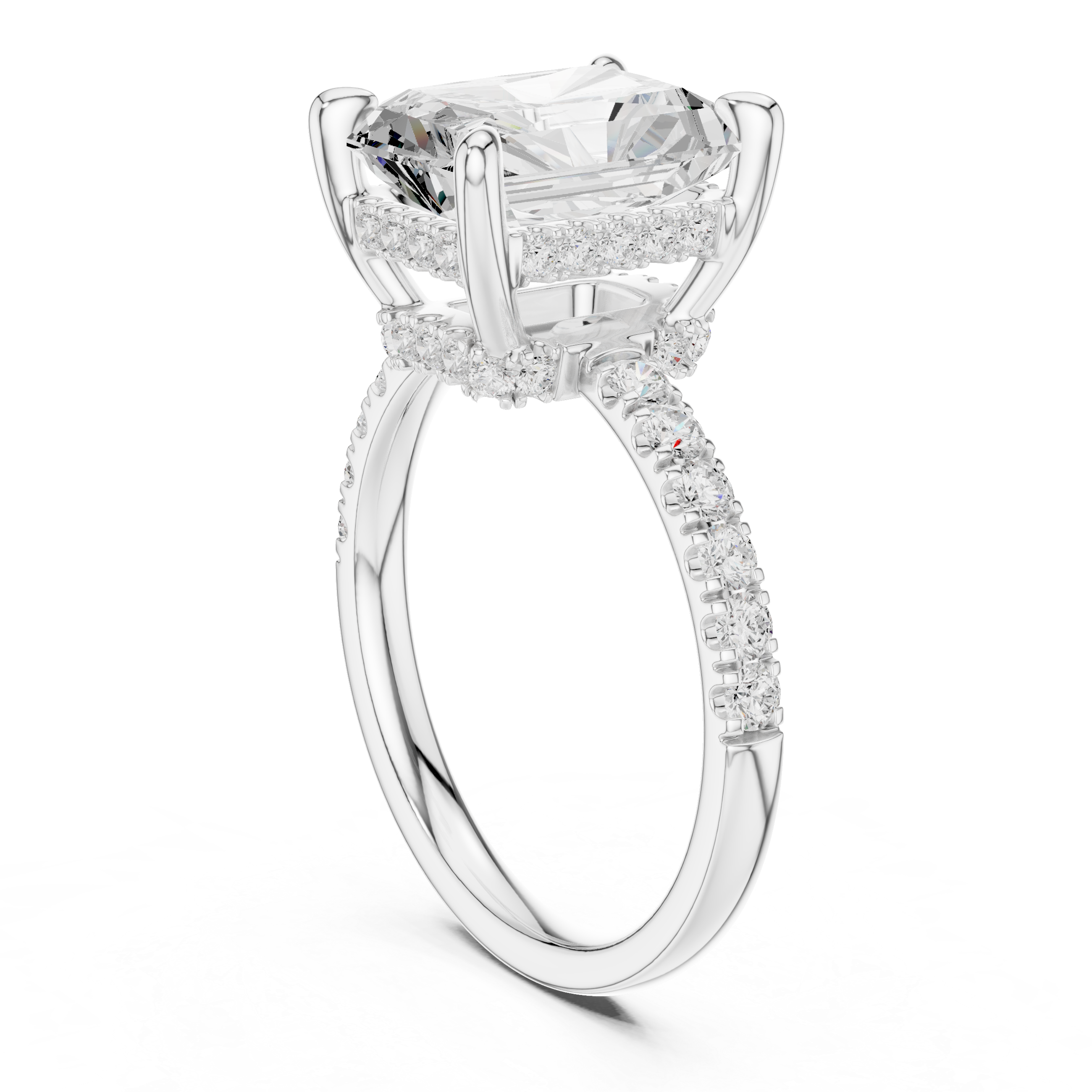 Radiant Cut Solitaire Engagement Ring with Double Hidden Halo and Pavé Diamond Band