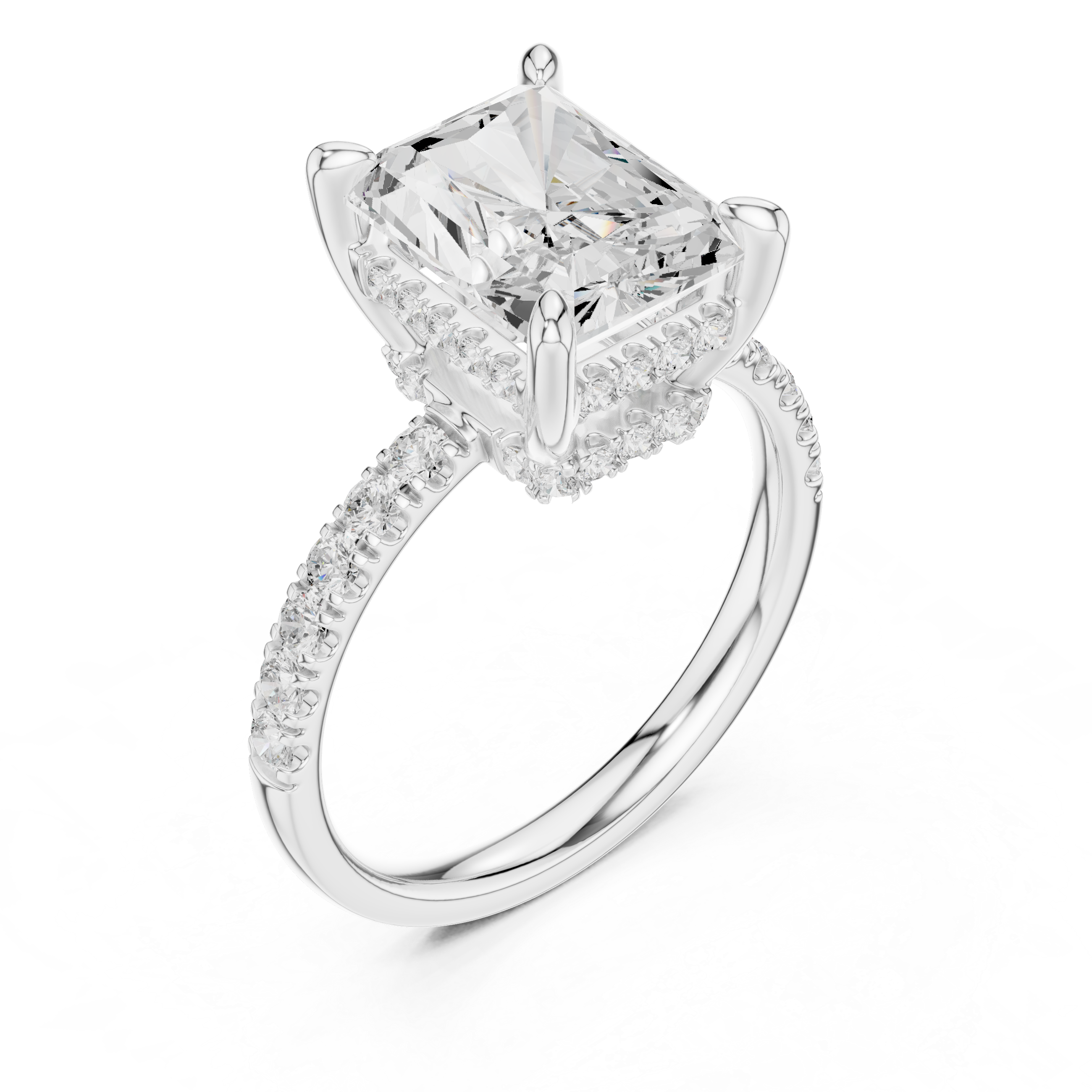 Radiant Cut Solitaire Engagement Ring with Double Hidden Halo and Pavé Diamond Band