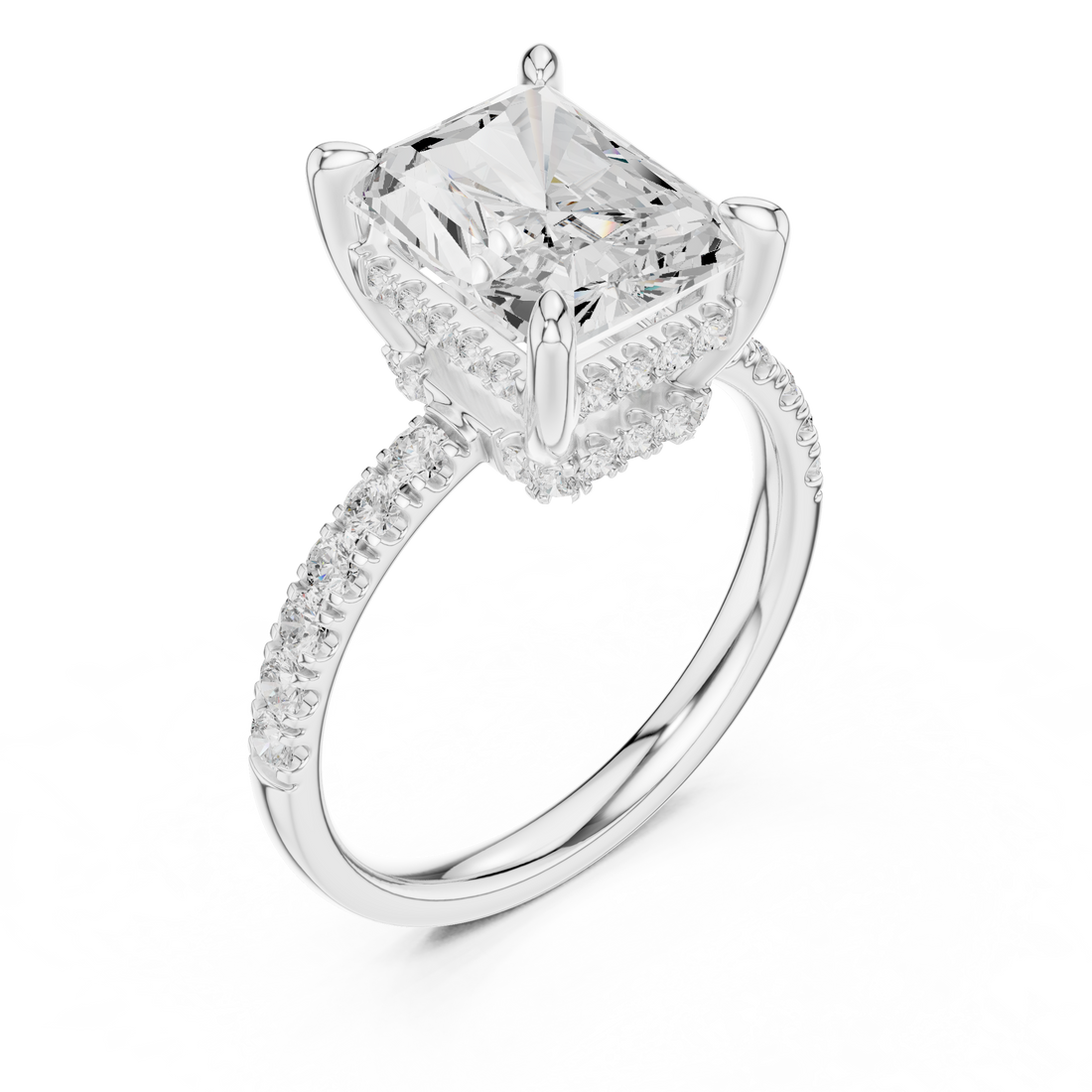 Radiant Cut Solitaire Engagement Ring with Double Hidden Halo and Pavé Diamond Band