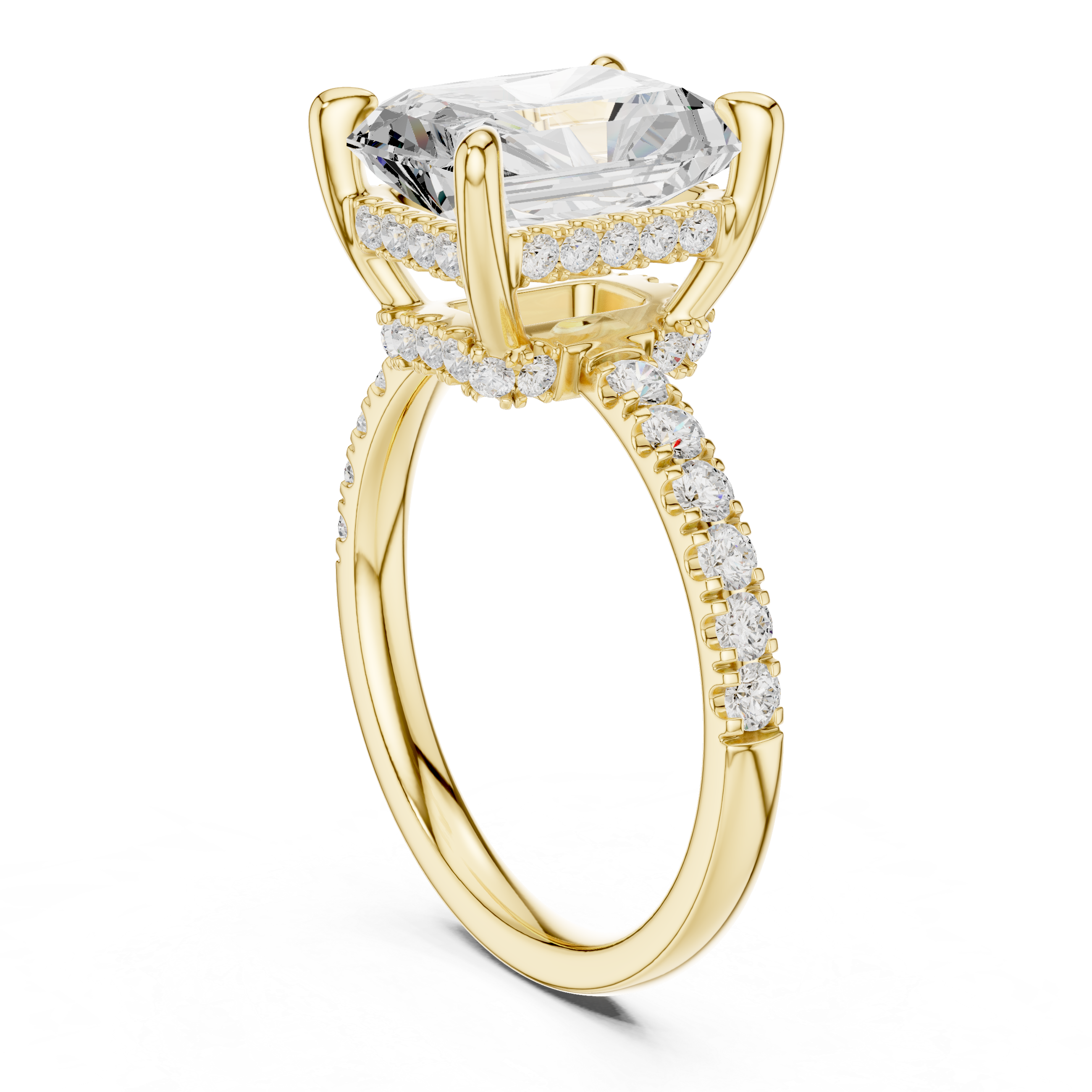 Radiant Cut Solitaire Engagement Ring with Double Hidden Halo and Pavé Diamond Band