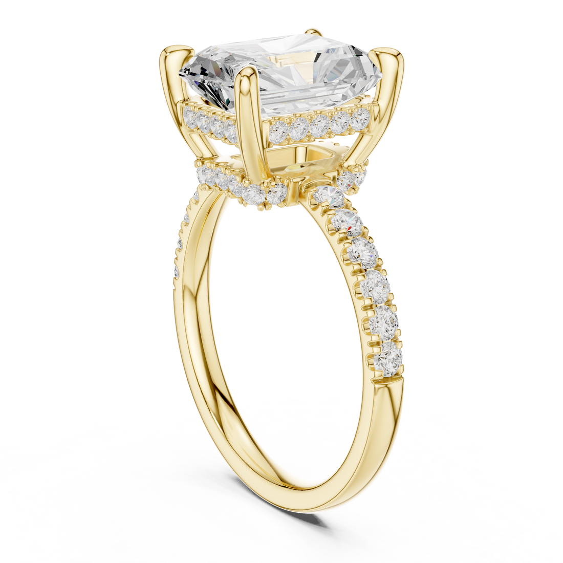 Radiant Cut Solitaire Engagement Ring with Double Hidden Halo and Pavé Diamond Band