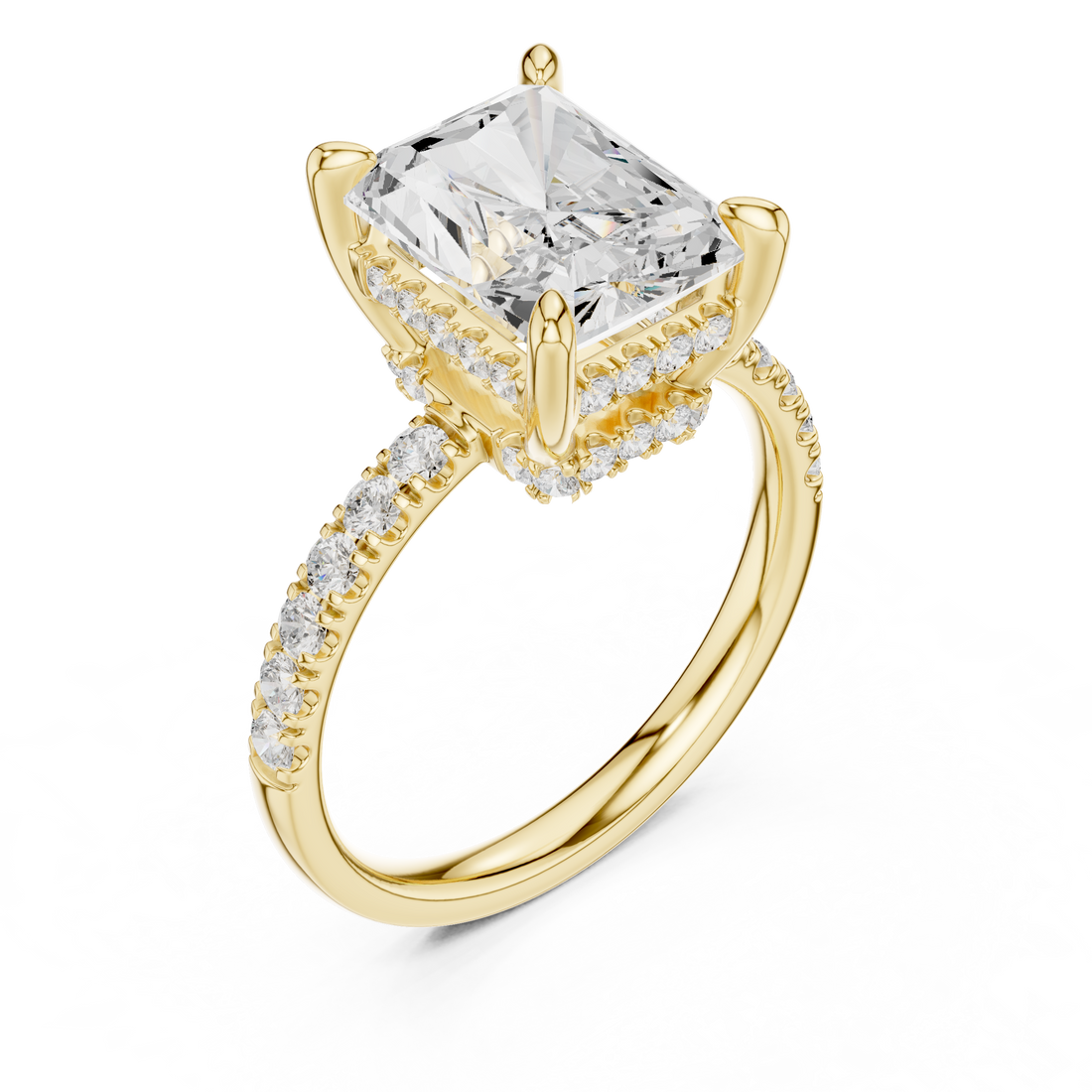 Radiant Cut Solitaire Engagement Ring with Double Hidden Halo and Pavé Diamond Band
