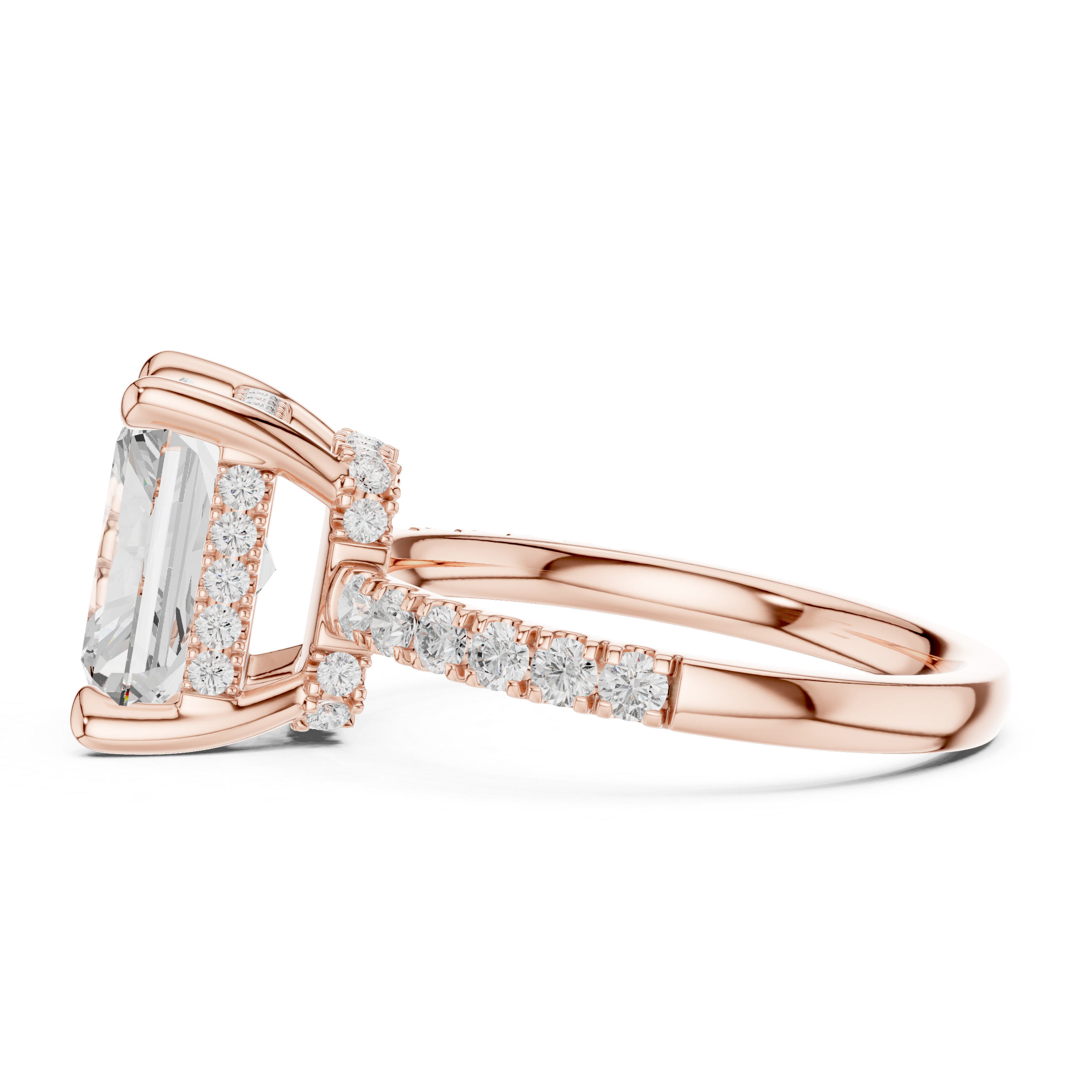 Radiant Cut Solitaire Engagement Ring with Double Hidden Halo and Pavé Diamond Band