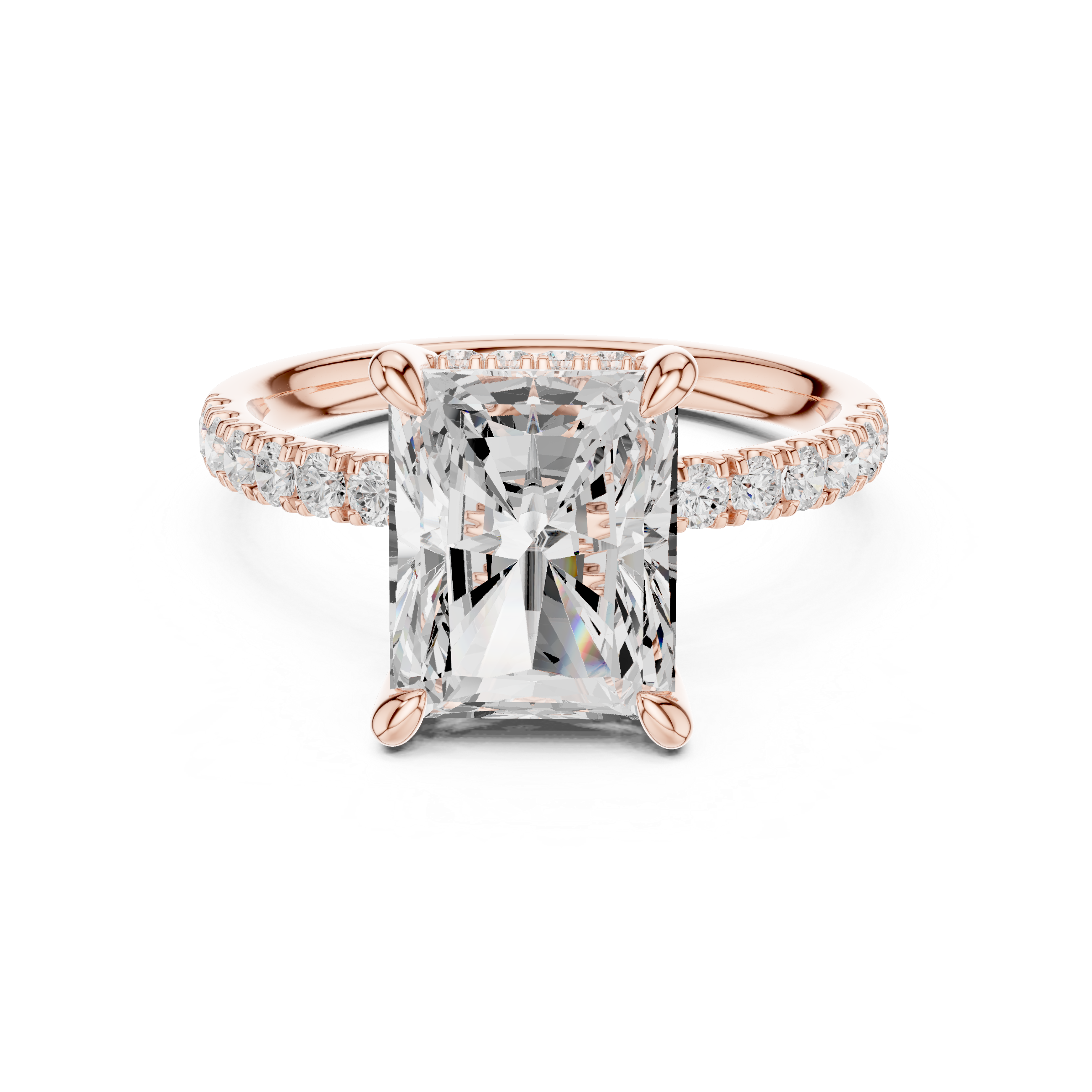 Radiant Cut Solitaire Engagement Ring with Double Hidden Halo and Pavé Diamond Band