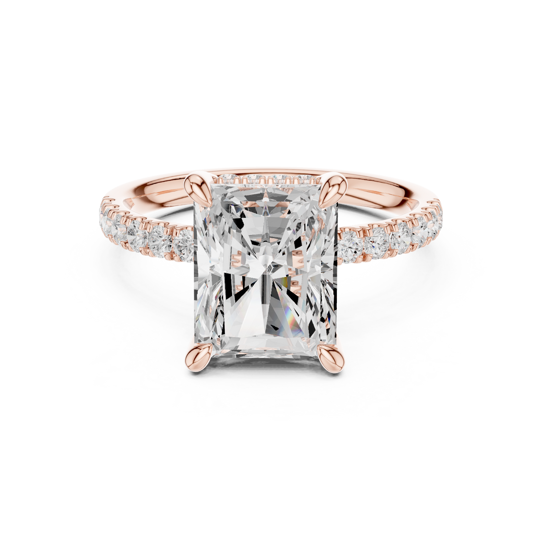 Radiant Cut Solitaire Engagement Ring with Double Hidden Halo and Pavé Diamond Band
