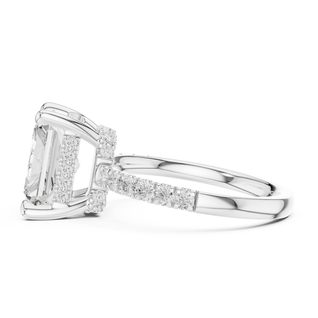 Radiant Cut Solitaire Engagement Ring with Double Hidden Halo and Pavé Diamond Band