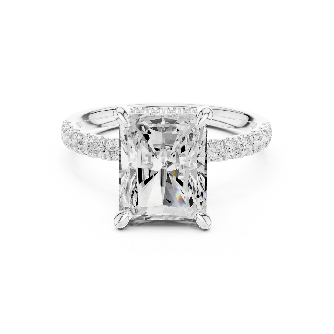 Radiant Cut Solitaire Engagement Ring with Double Hidden Halo and Pavé Diamond Band