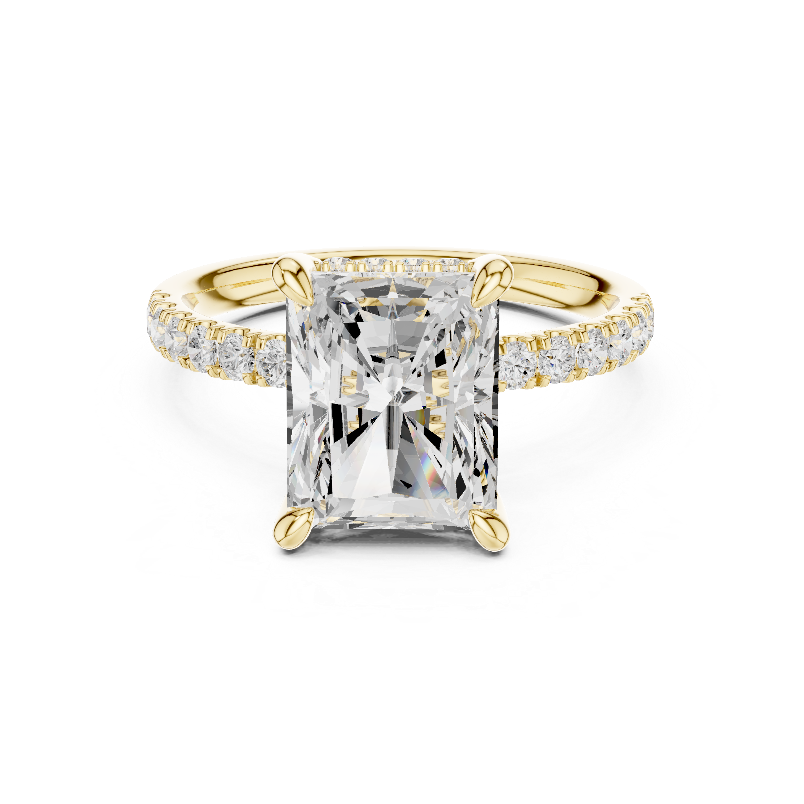 Radiant Cut Solitaire Engagement Ring with Double Hidden Halo and Pavé Diamond Band
