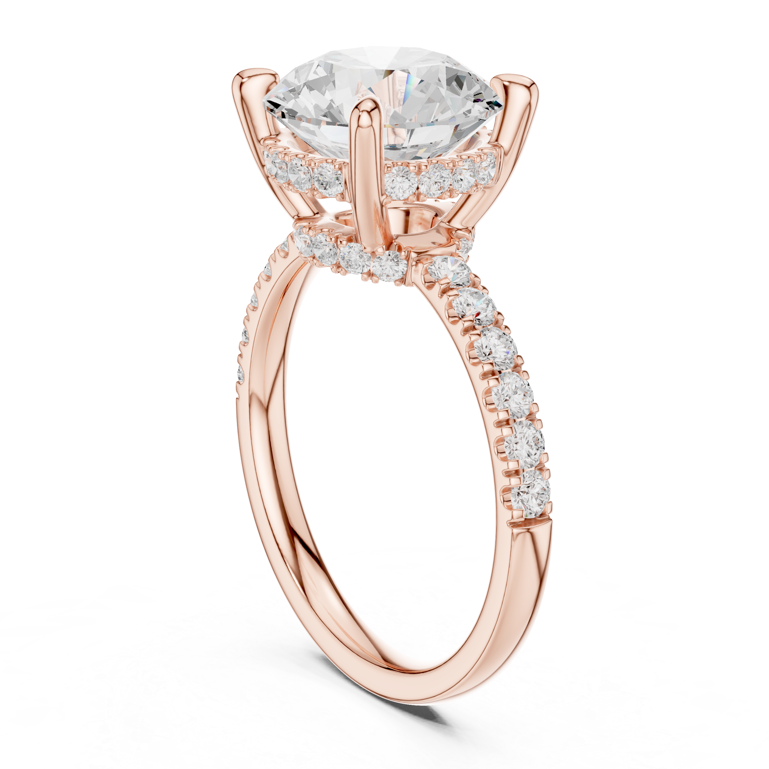 Round Cut Solitaire Engagement Ring with Double Hidden Halo and Pavé Diamond Band