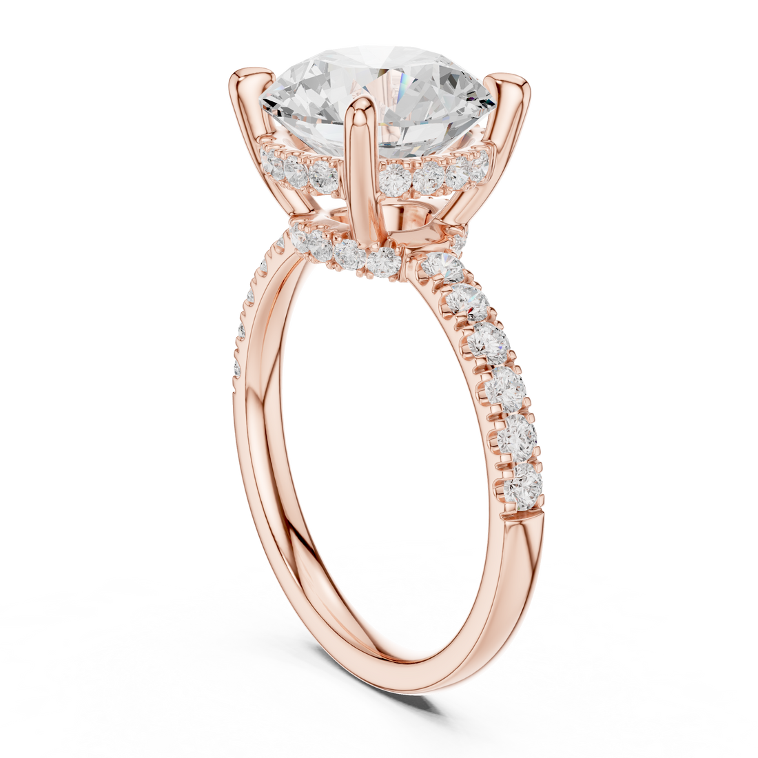 Round Cut Solitaire Engagement Ring with Double Hidden Halo and Pavé Diamond Band