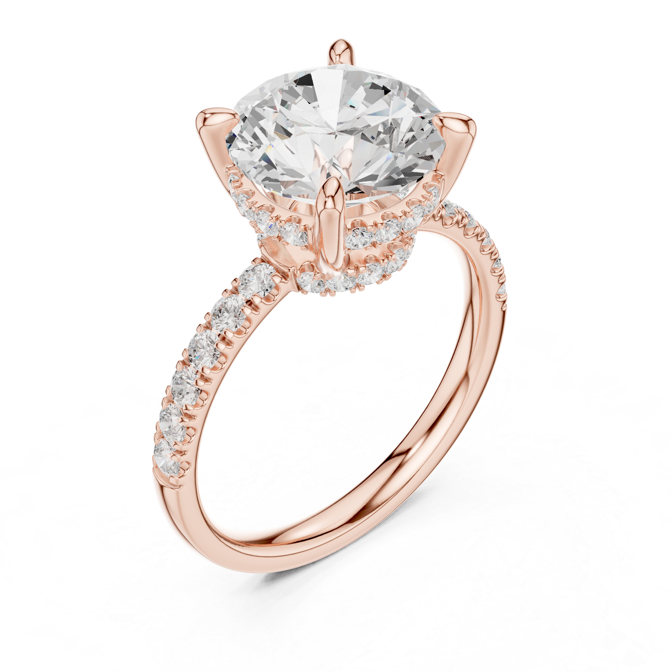 Round Cut Solitaire Engagement Ring with Double Hidden Halo and Pavé Diamond Band
