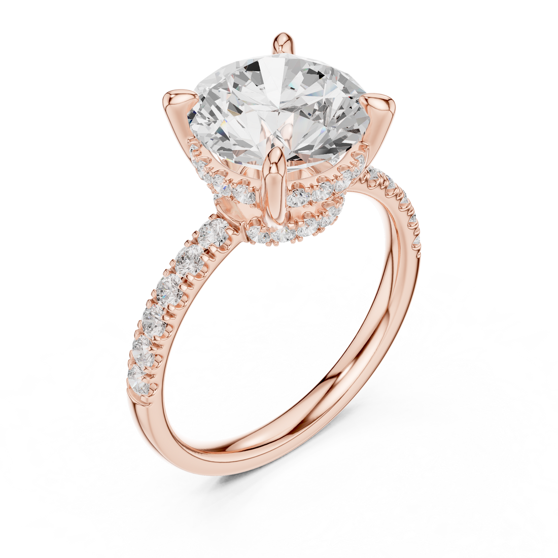 Round Cut Solitaire Engagement Ring with Double Hidden Halo and Pavé Diamond Band