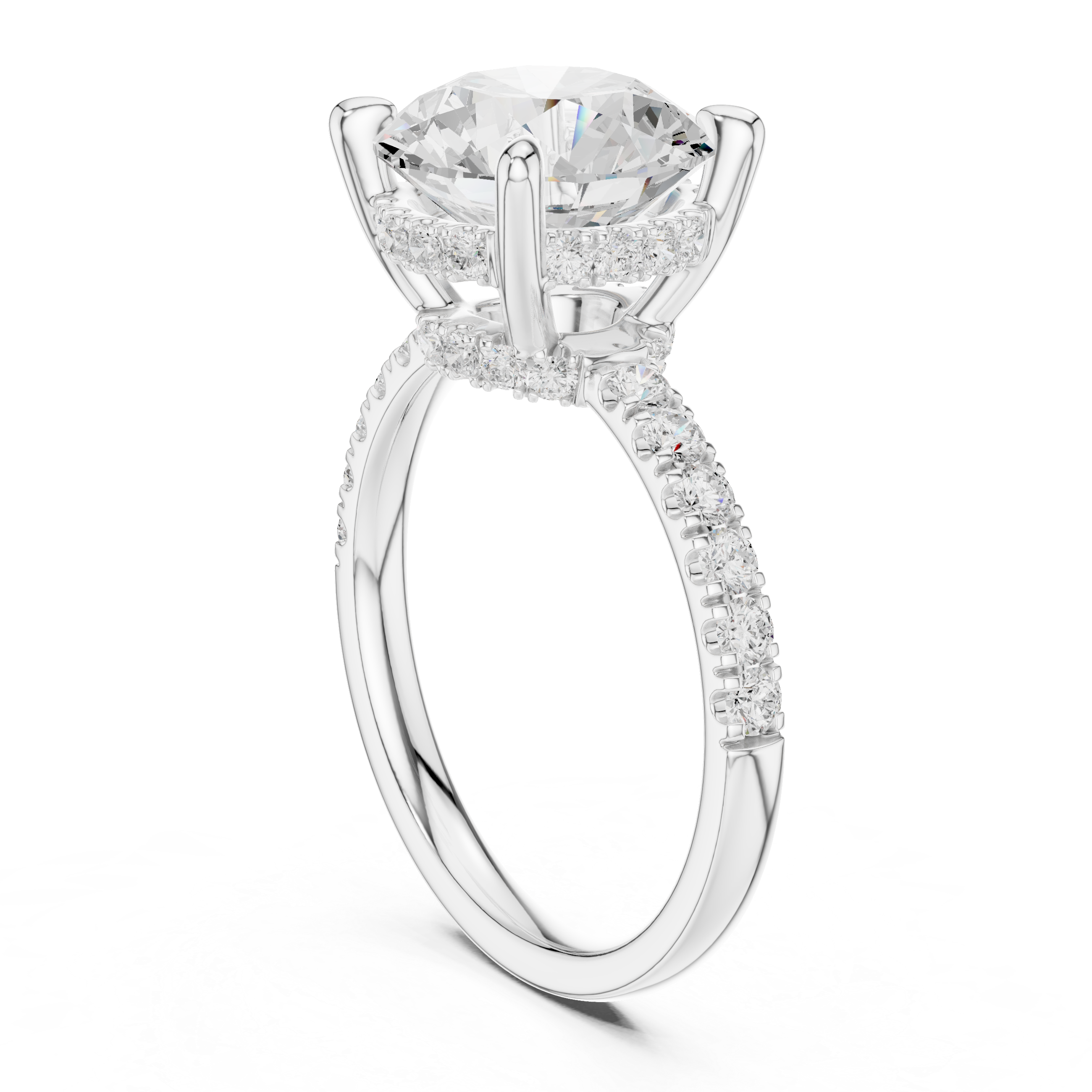 Round Cut Solitaire Engagement Ring with Double Hidden Halo and Pavé Diamond Band