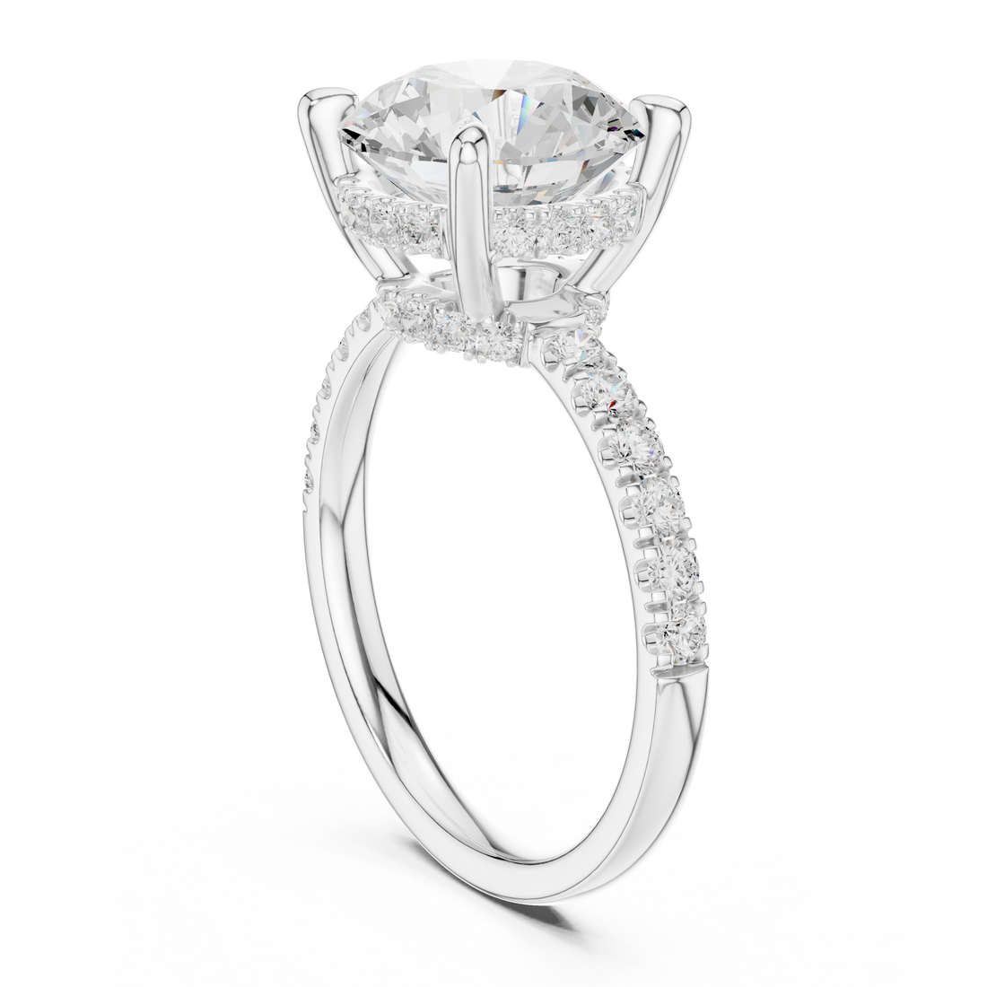 Round Cut Solitaire Engagement Ring with Double Hidden Halo and Pavé Diamond Band