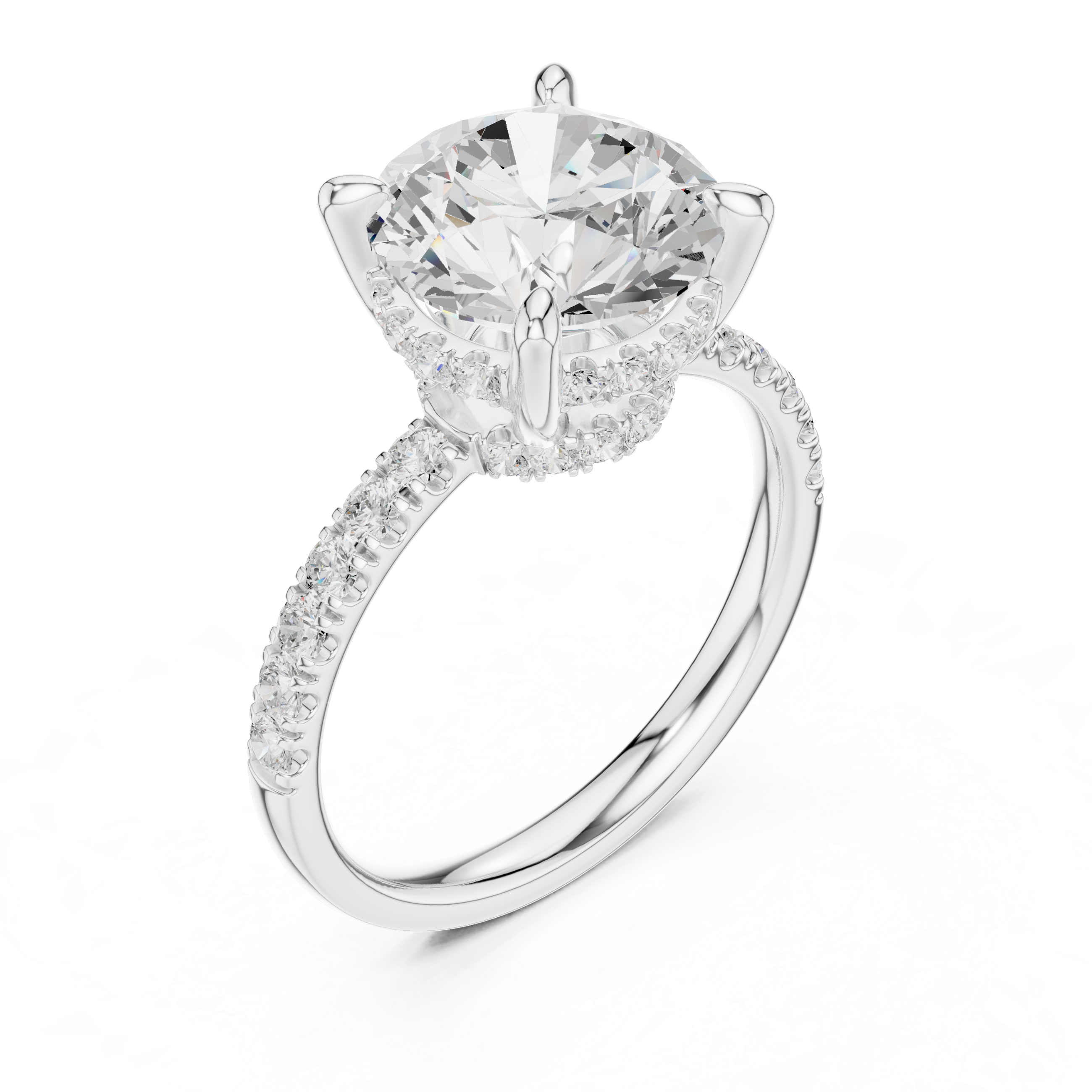 Round Cut Solitaire Engagement Ring with Double Hidden Halo and Pavé Diamond Band
