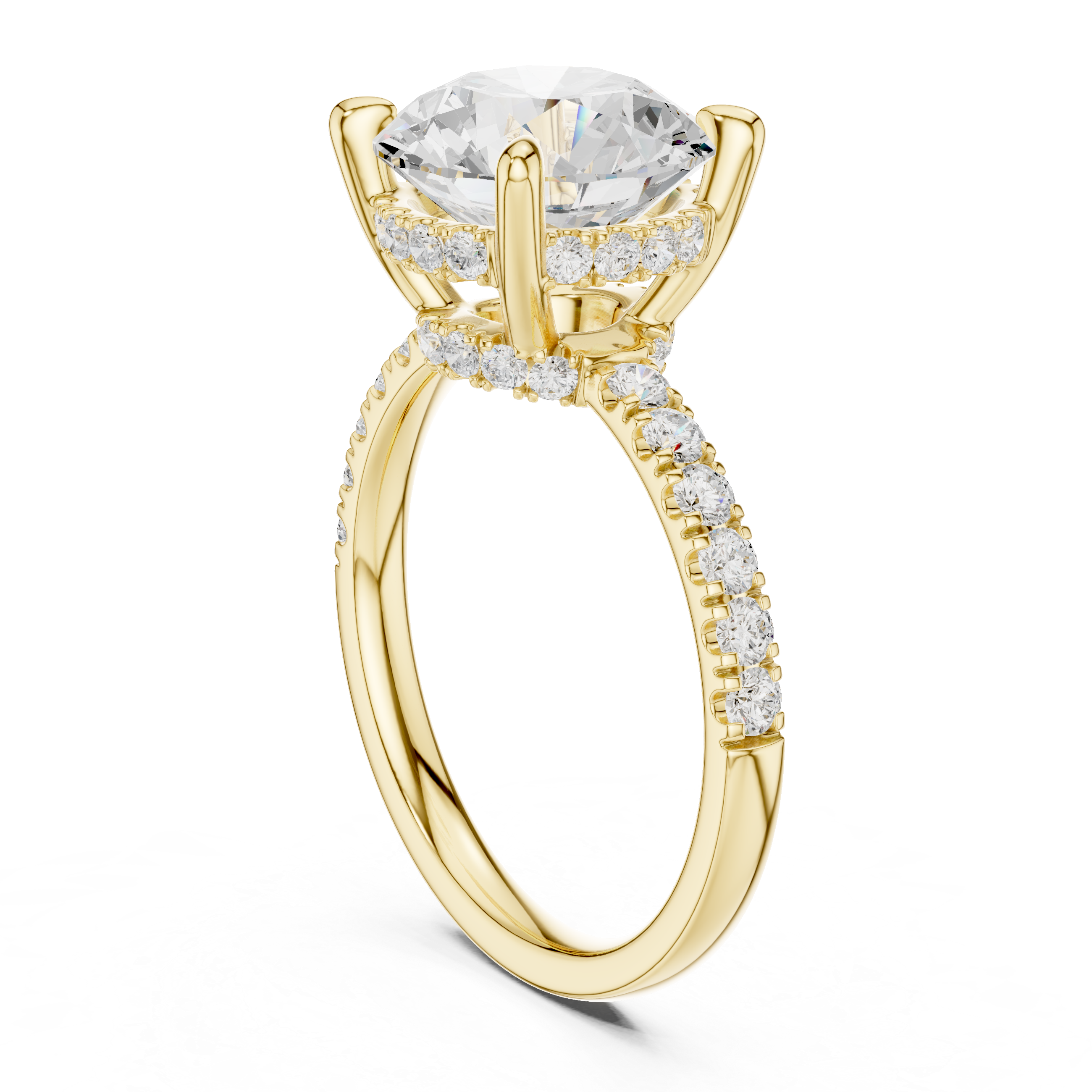 Round Cut Solitaire Engagement Ring with Double Hidden Halo and Pavé Diamond Band