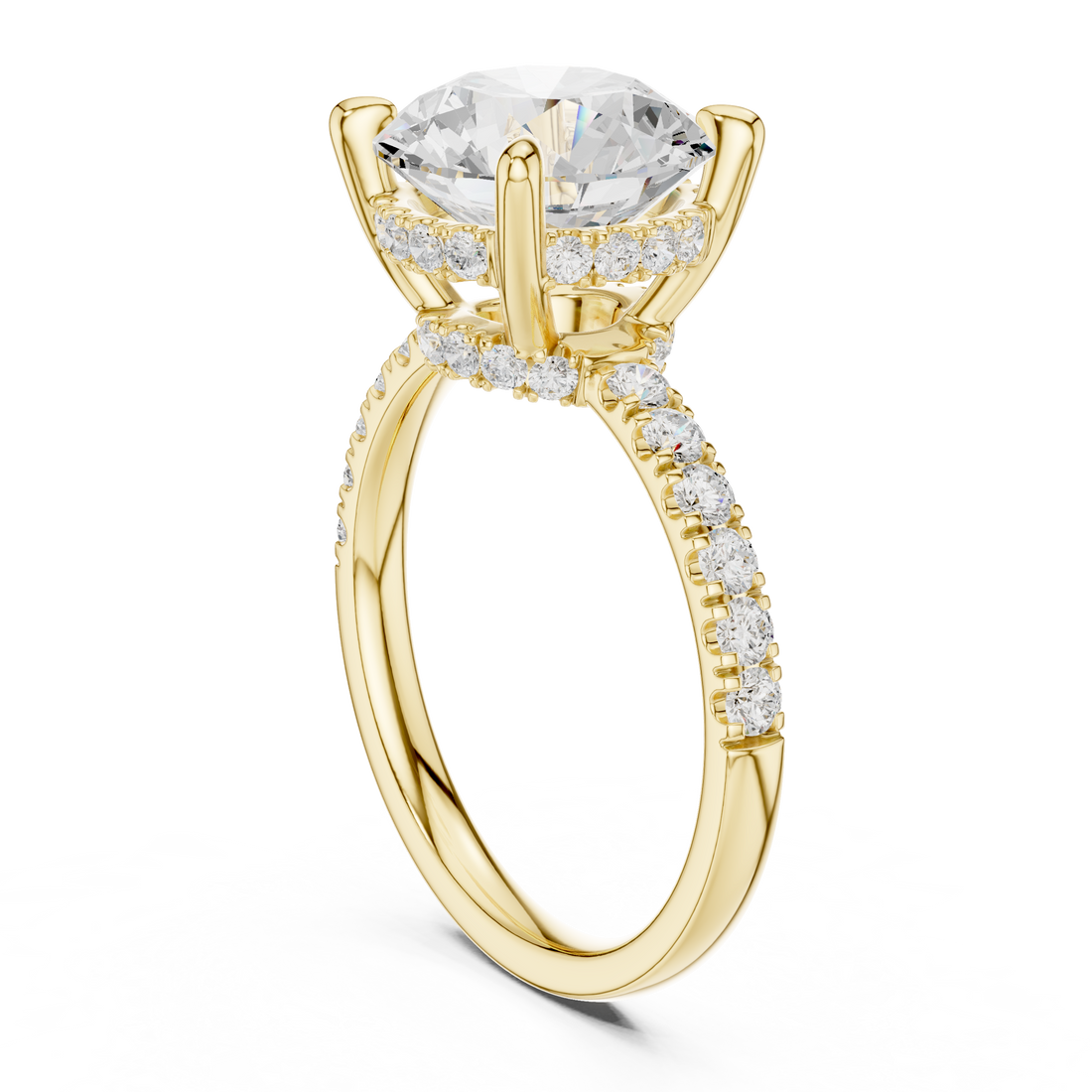 Round Cut Solitaire Engagement Ring with Double Hidden Halo and Pavé Diamond Band