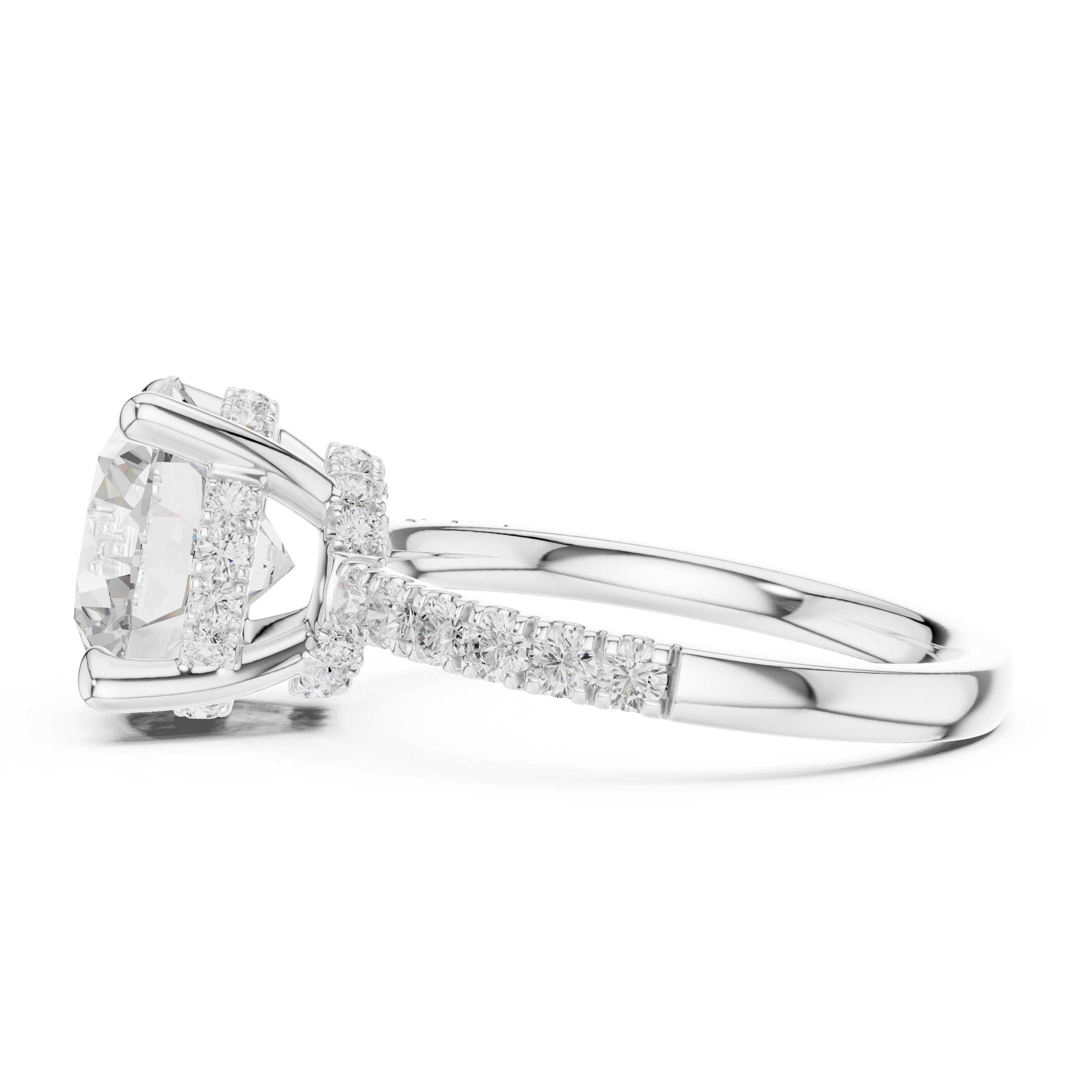 Round Cut Solitaire Engagement Ring with Double Hidden Halo and Pavé Diamond Band