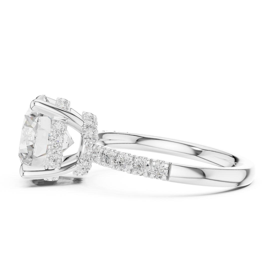 Round Cut Solitaire Engagement Ring with Double Hidden Halo and Pavé Diamond Band