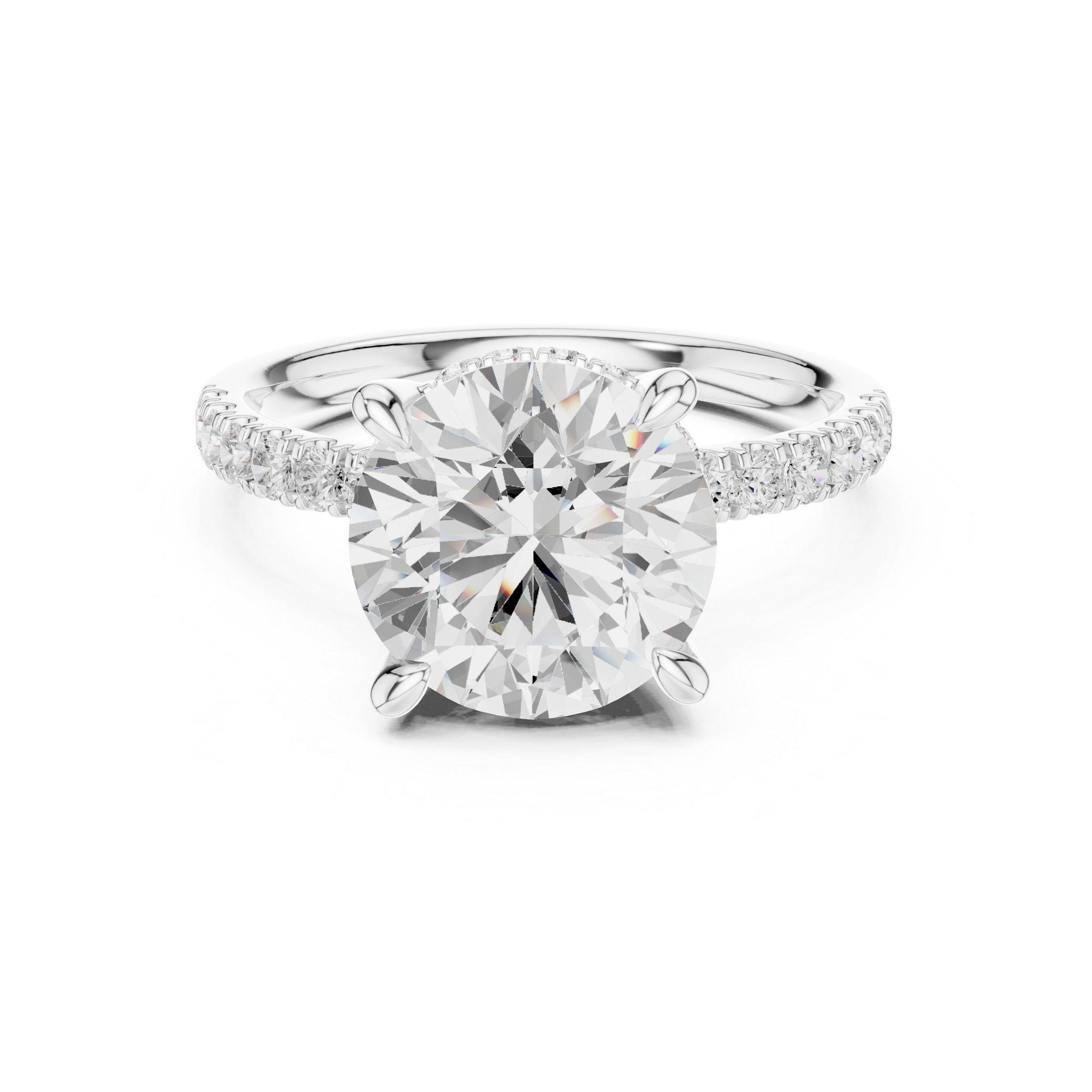 Round Cut Solitaire Engagement Ring with Double Hidden Halo and Pavé Diamond Band