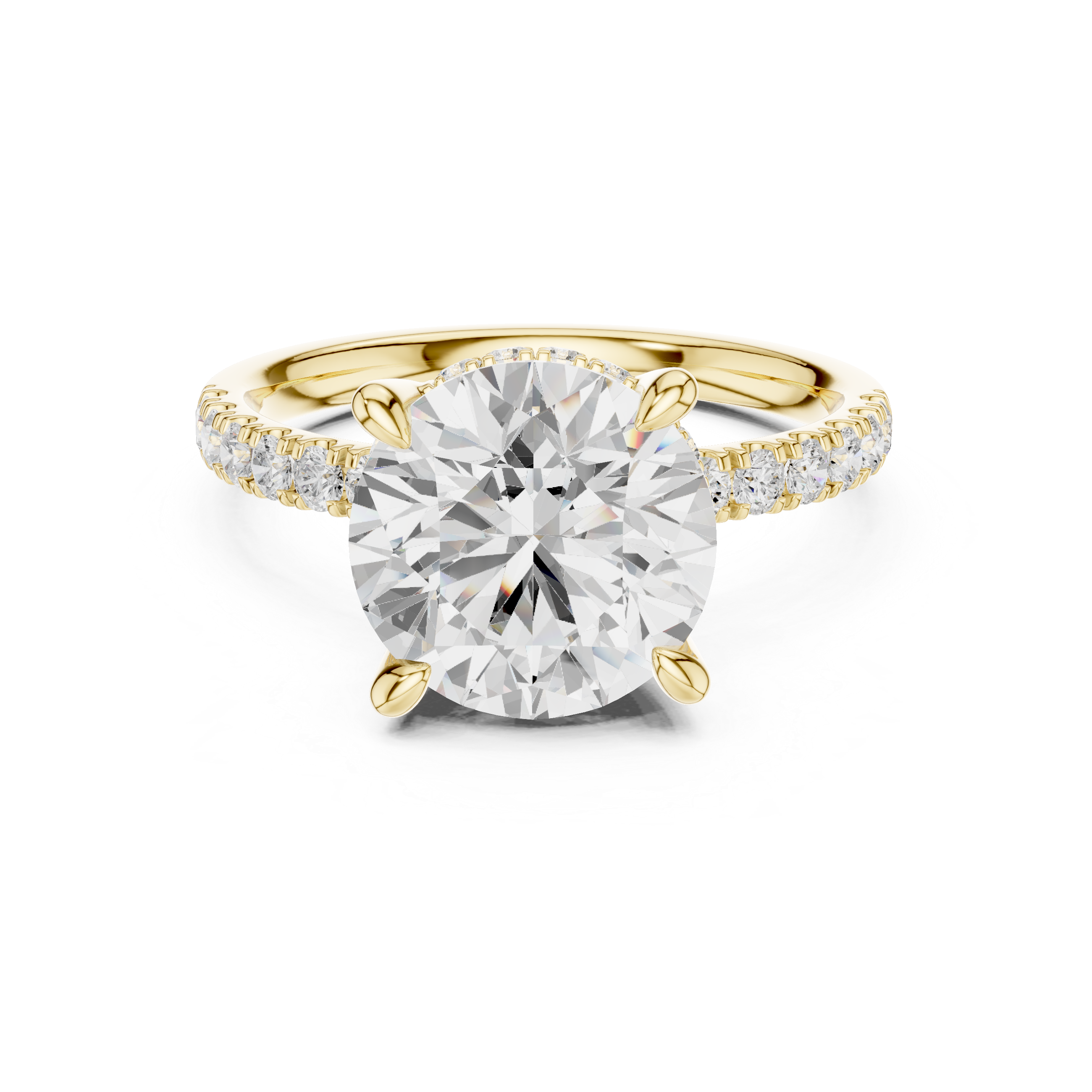 Round Cut Solitaire Engagement Ring with Double Hidden Halo and Pavé Diamond Band