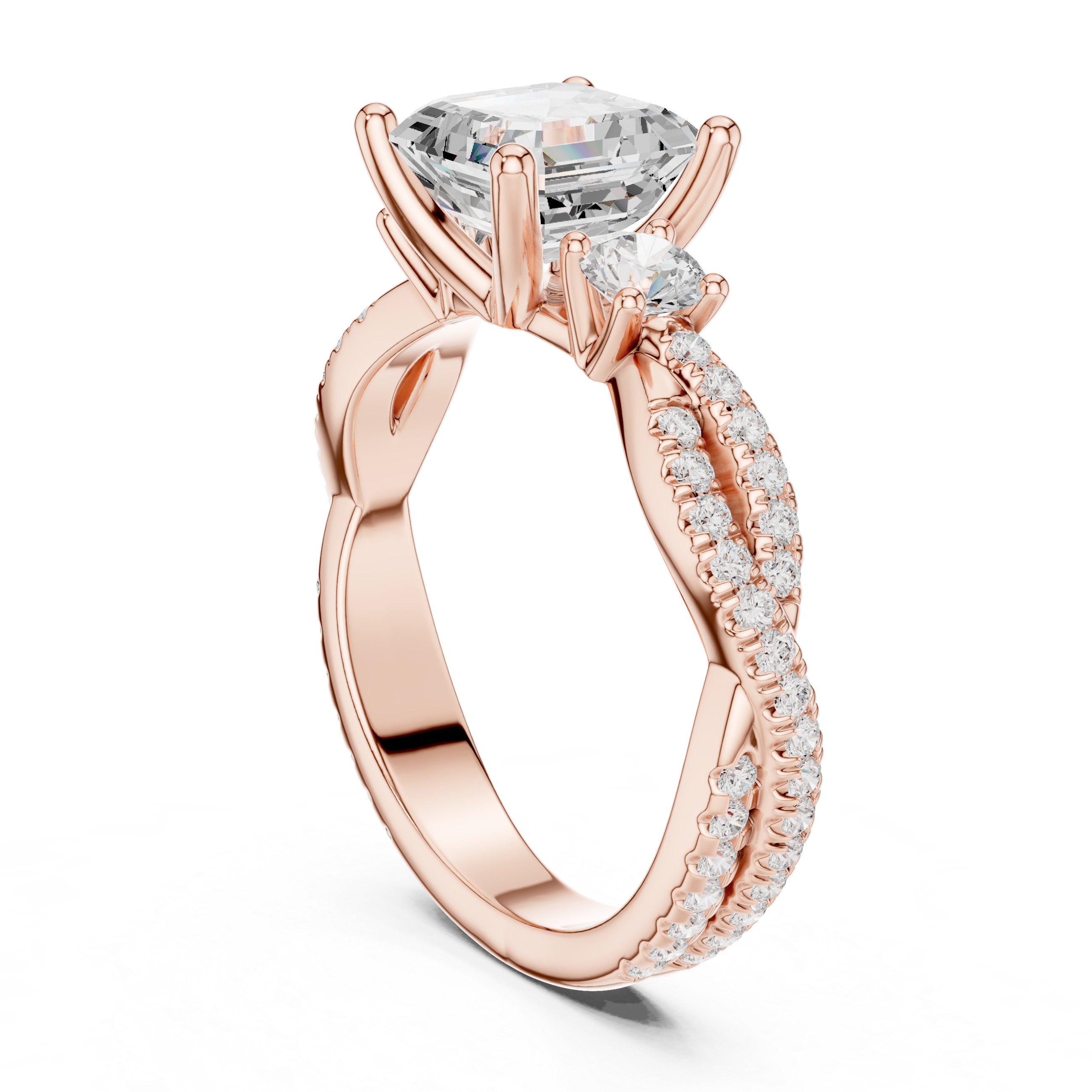 Asscher Cut Three-Stone Engagement Ring with Round Side Stones and Split Pavé Diamond Band