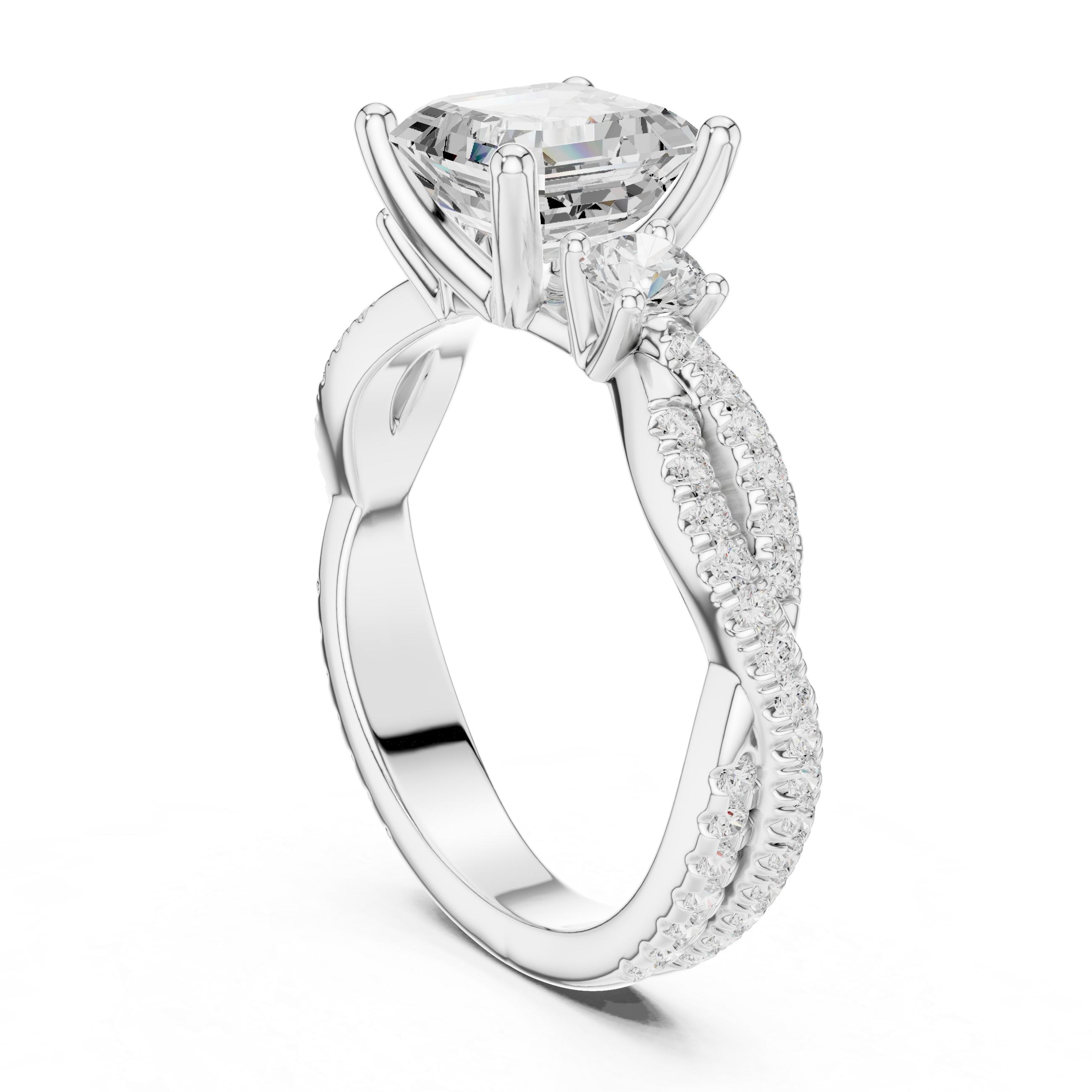 Asscher Cut Three-Stone Engagement Ring with Round Side Stones and Split Pavé Diamond Band