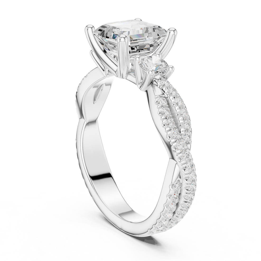 Asscher Cut Three-Stone Engagement Ring with Round Side Stones and Split Pavé Diamond Band