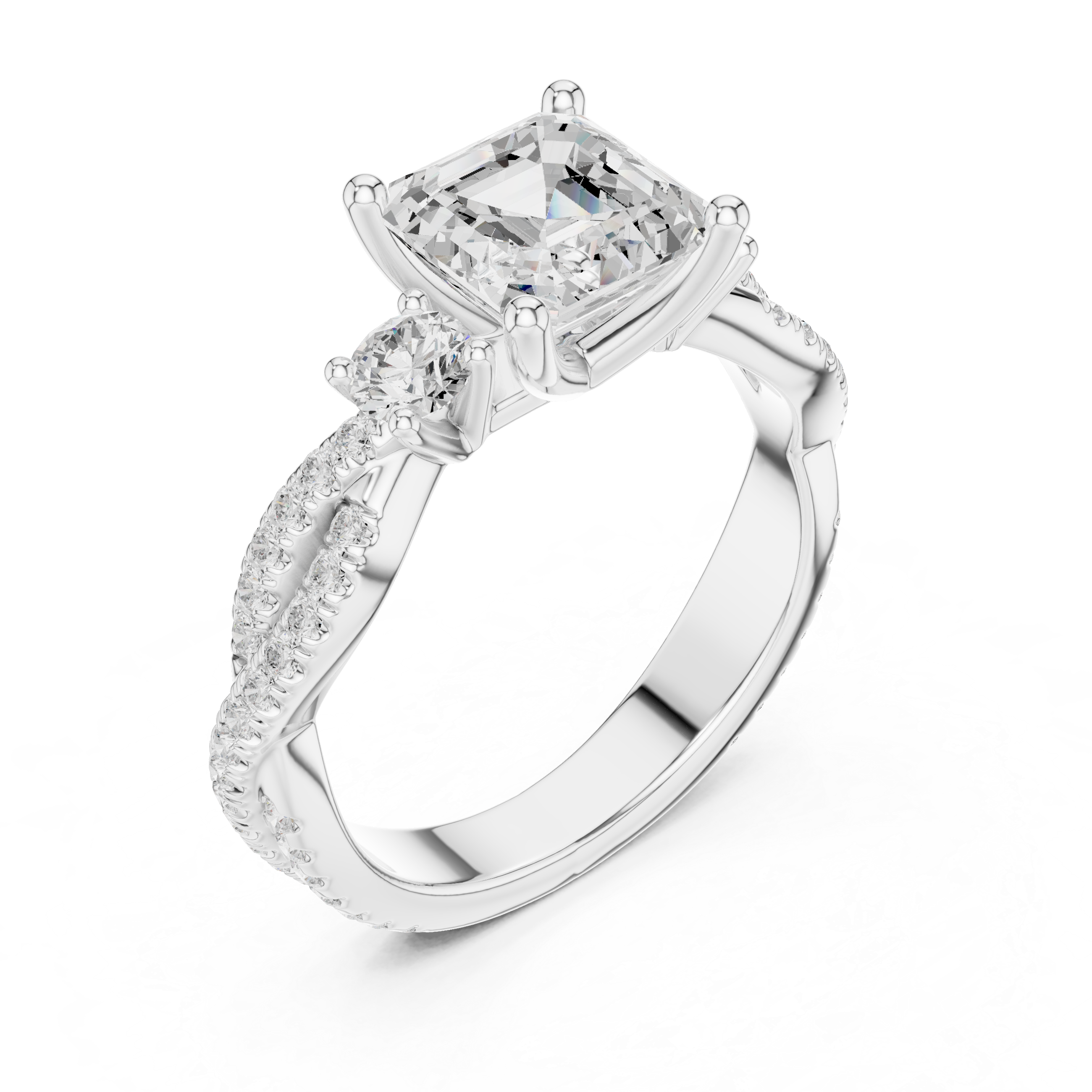 Asscher Cut Three-Stone Engagement Ring with Round Side Stones and Split Pavé Diamond Band