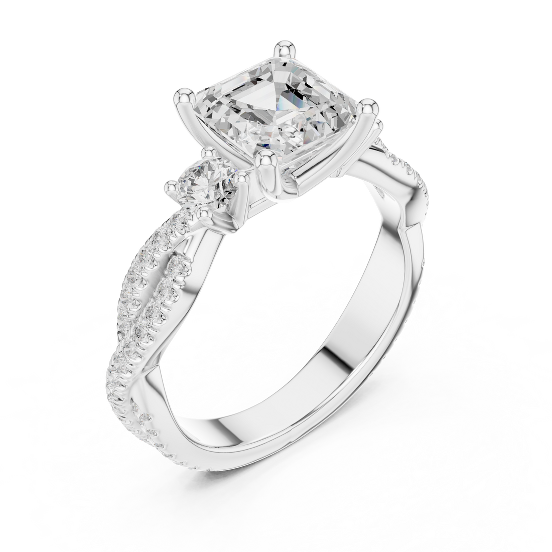 Asscher Cut Three-Stone Engagement Ring with Round Side Stones and Split Pavé Diamond Band