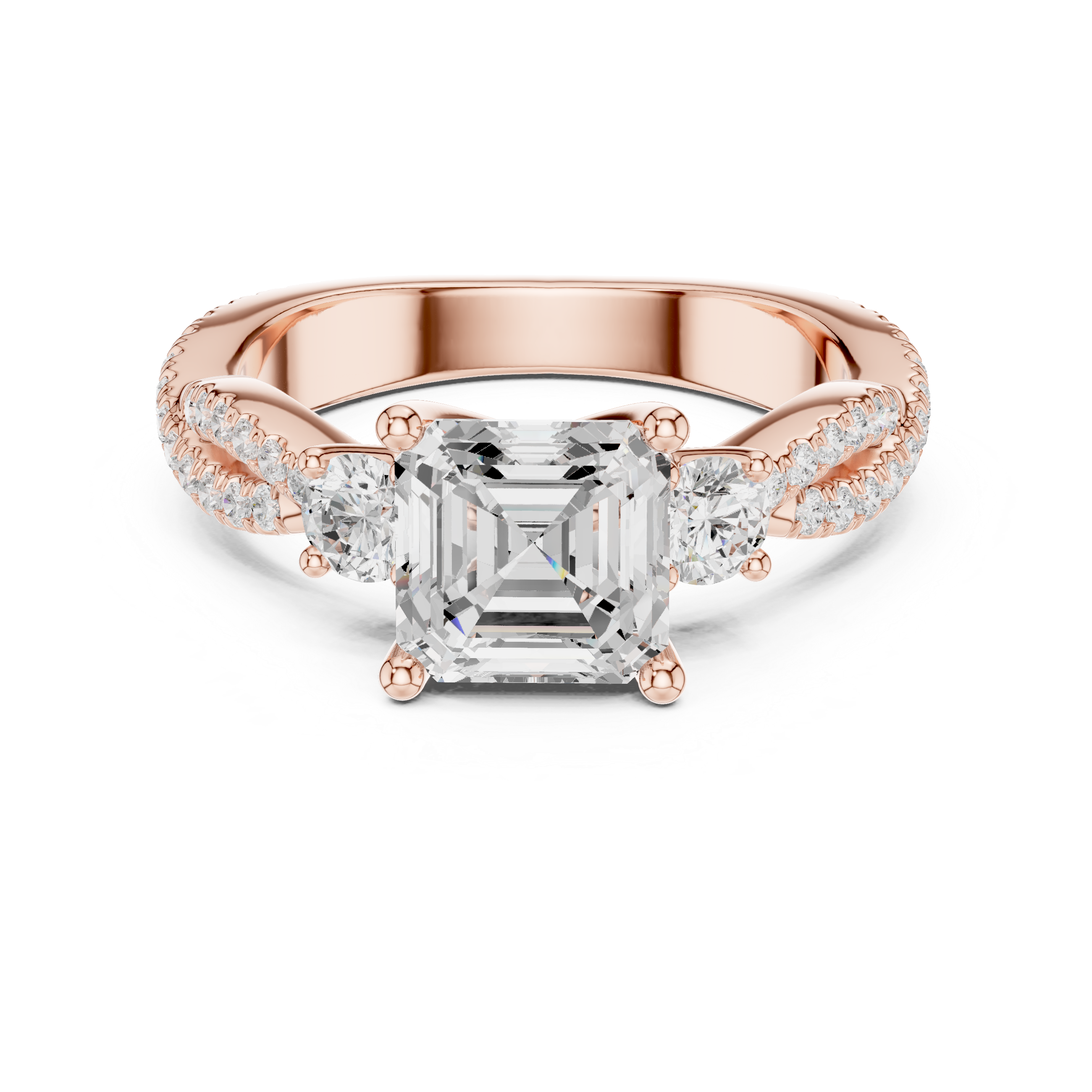 Asscher Cut Three-Stone Engagement Ring with Round Side Stones and Split Pavé Diamond Band