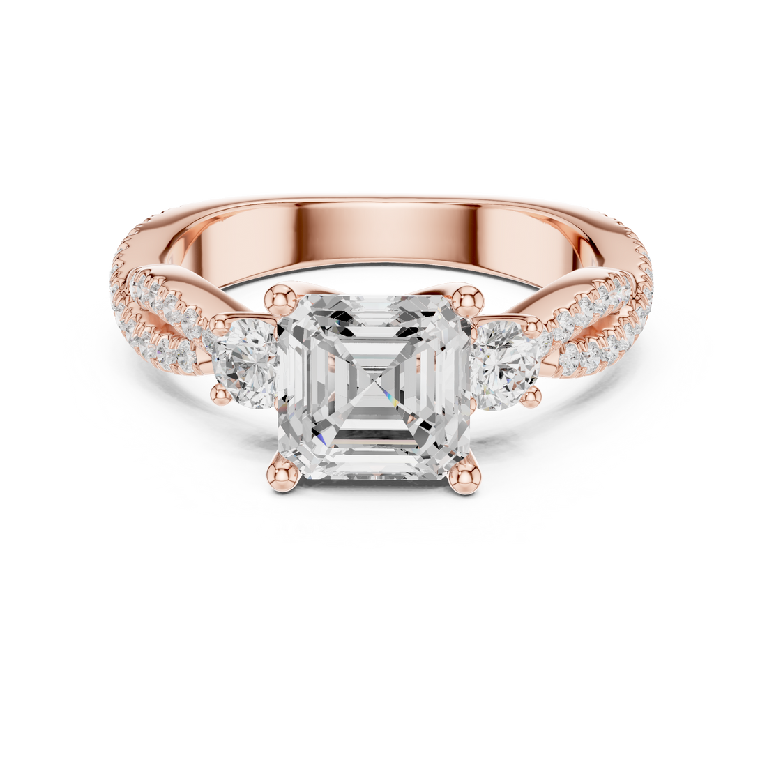 Asscher Cut Three-Stone Engagement Ring with Round Side Stones and Split Pavé Diamond Band