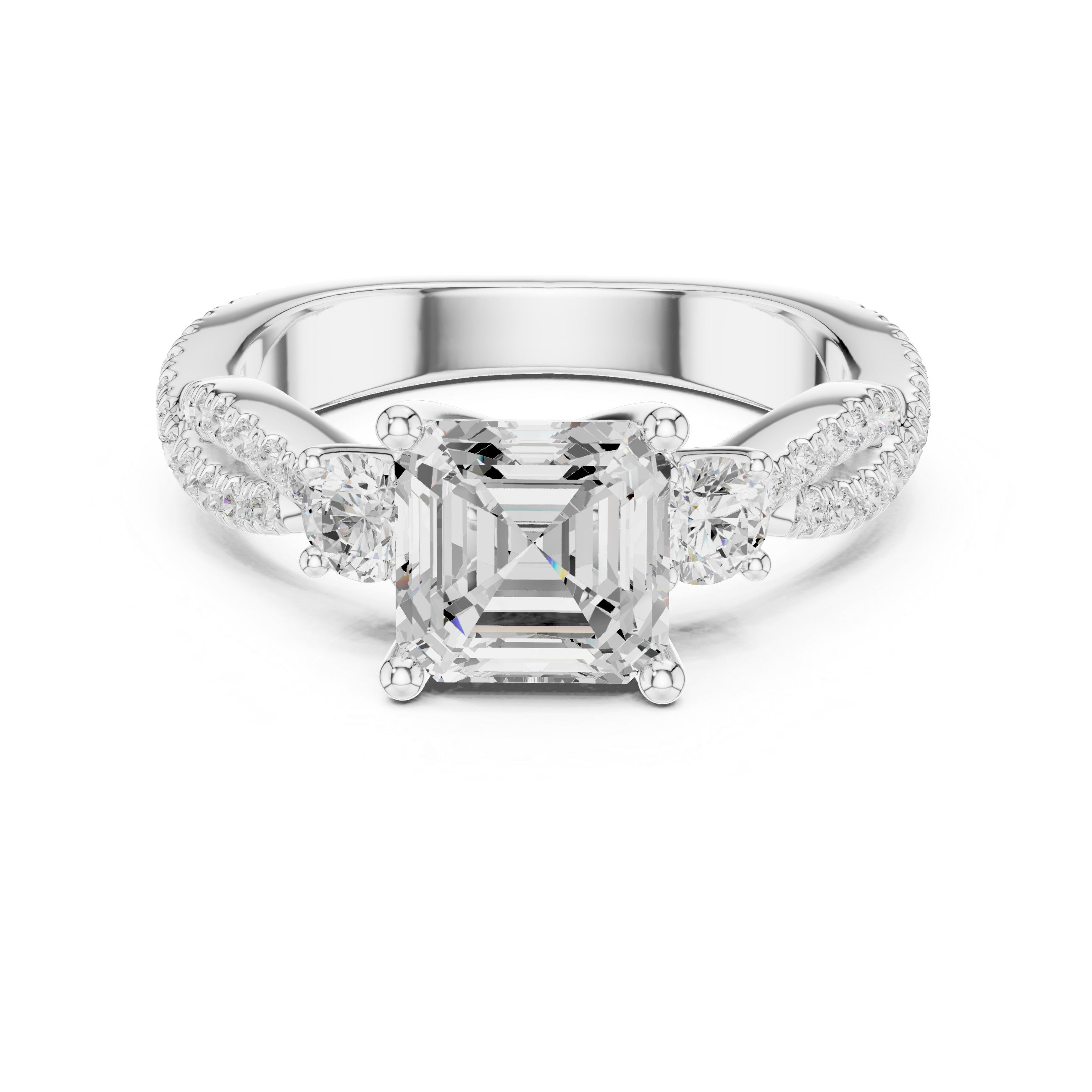 Asscher Cut Three-Stone Engagement Ring with Round Side Stones and Split Pavé Diamond Band