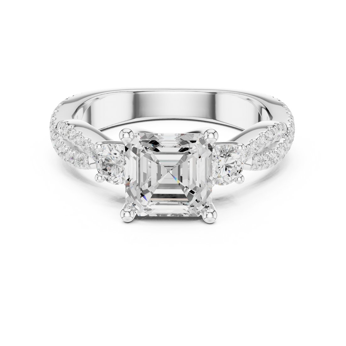Asscher Cut Three-Stone Engagement Ring with Round Side Stones and Split Pavé Diamond Band